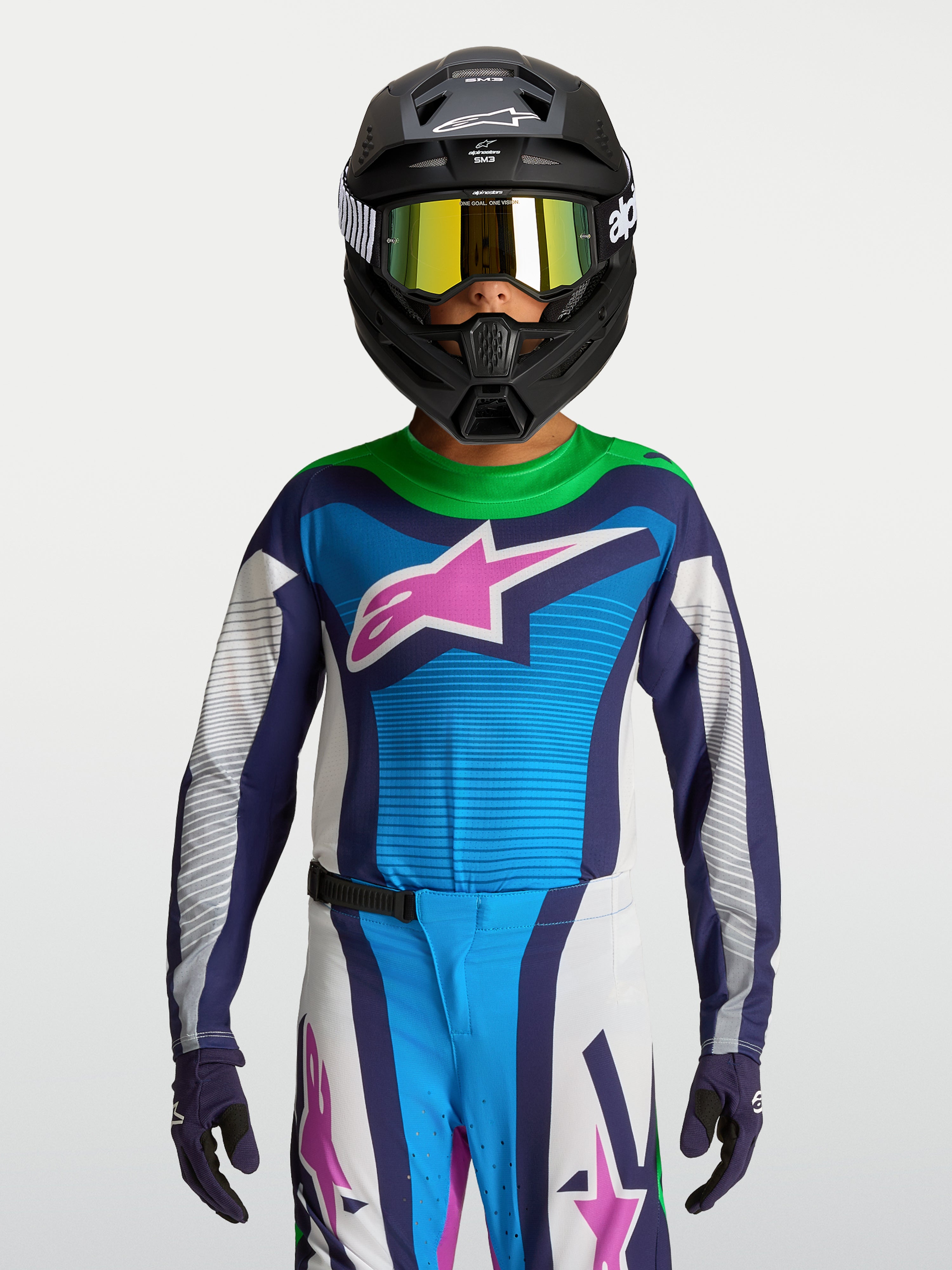 Alpinestars 2027 Youth Supertech Maven Jersey, blue and white motocross jersey for competitive racing.