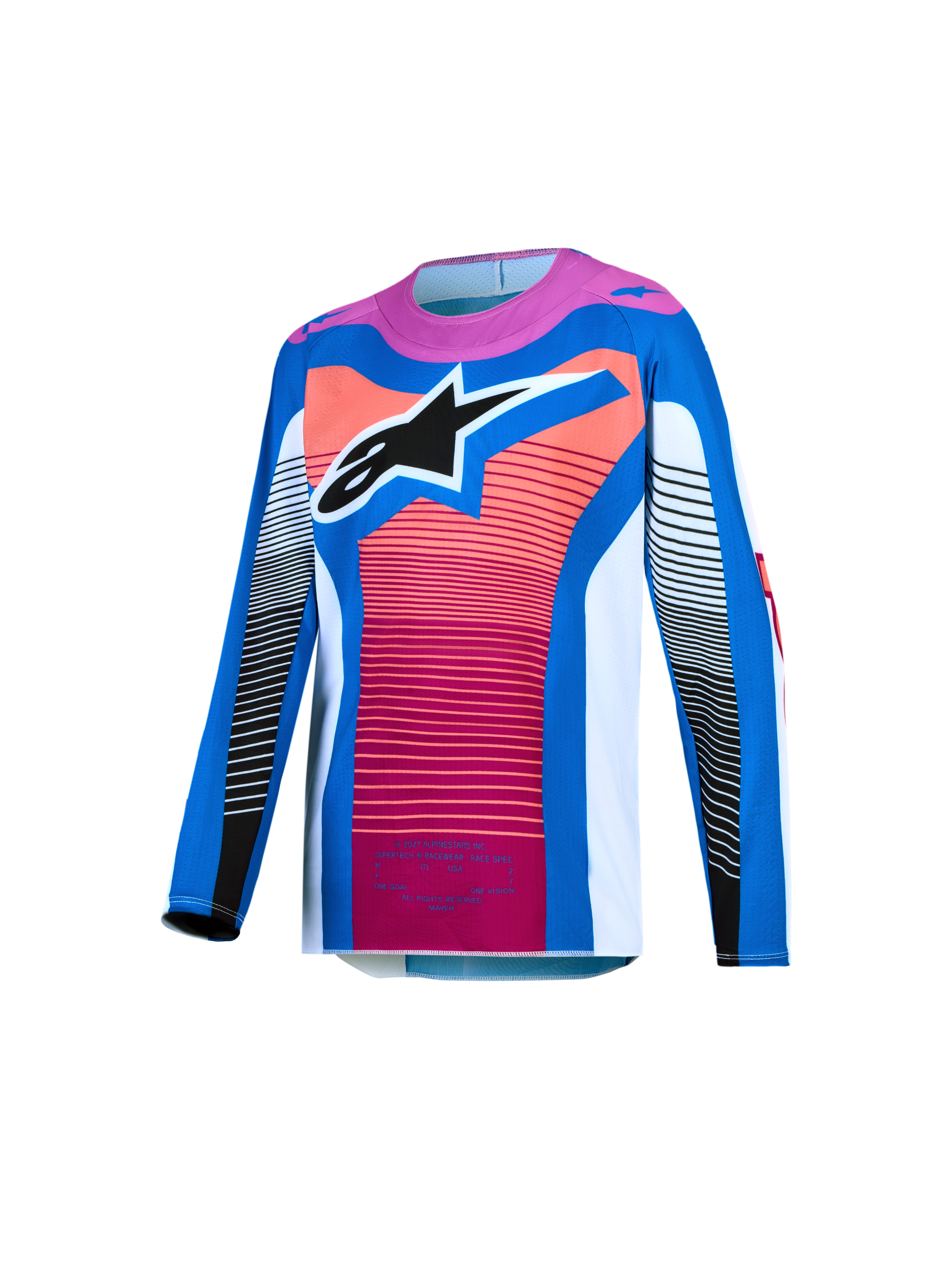 Maillot Alpinestars Supertech Maven Junior 2027, maillot de motocross bleu et corail vif, maille extensible et logo Astars
