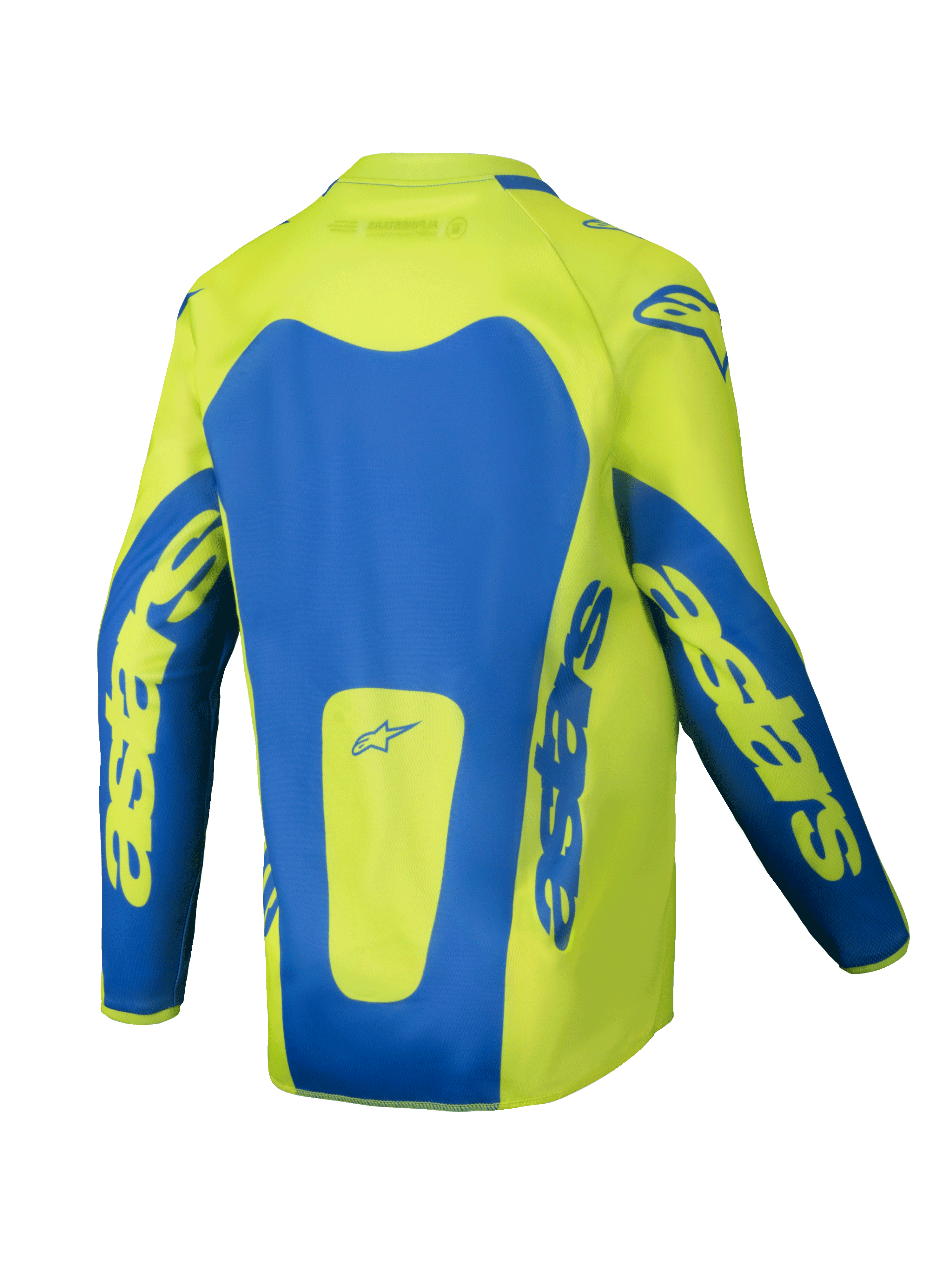 Maillot Alpinestars Junior Racer Veil 2025, maillot de motocross, jaune fluo et bleu, vue arrière présentant des empiècements bleus marqués et le logo Astars sur les manches, coupe allongée à l'arrière pour une meilleure protection, tissu léger évacuant l'humidité pour la course tout-terrain