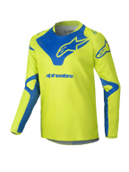 Alpinestars 2025 Youth Racer Veil Jersey, maillot de motocross, jaune fluo et bleu, haut technique à manches longues, logos Alpinestars bleus sur la poitrine et les épaules, tissu léger évacuant l'humidité pour la course tout-terrain