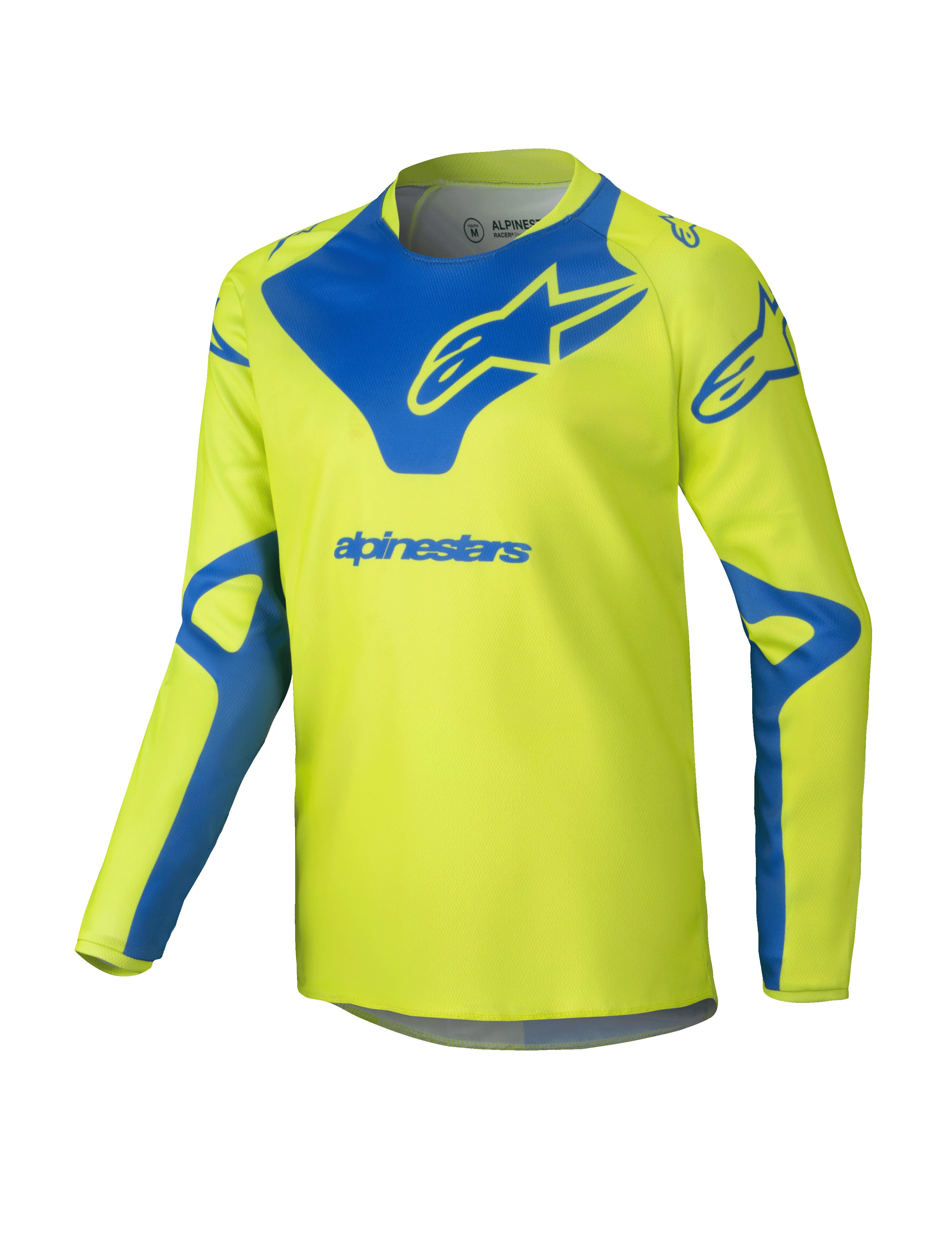 Alpinestars 2025 Youth Racer Veil Jersey, maillot de motocross, jaune fluo et bleu, haut technique à manches longues, logos Alpinestars bleus sur la poitrine et les épaules, tissu léger évacuant l'humidité pour la course tout-terrain