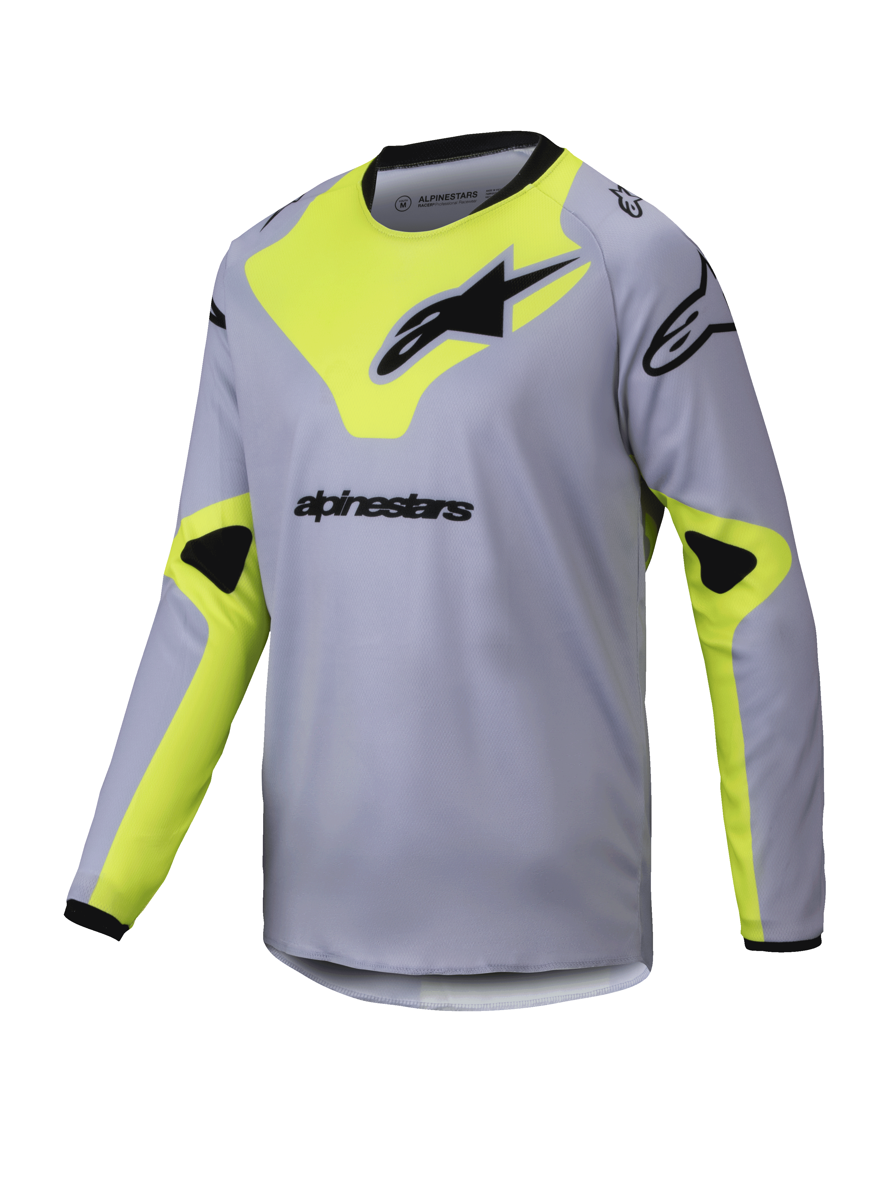 Alpinestars 2025 Youth Racer Veil Jersey, Motocross Long-Sleeve Jersey, Gray and Yellow Fluo, Black Logos, Lightweight Breathable Fabric, Black Neck and Cuffs, Geometric Design