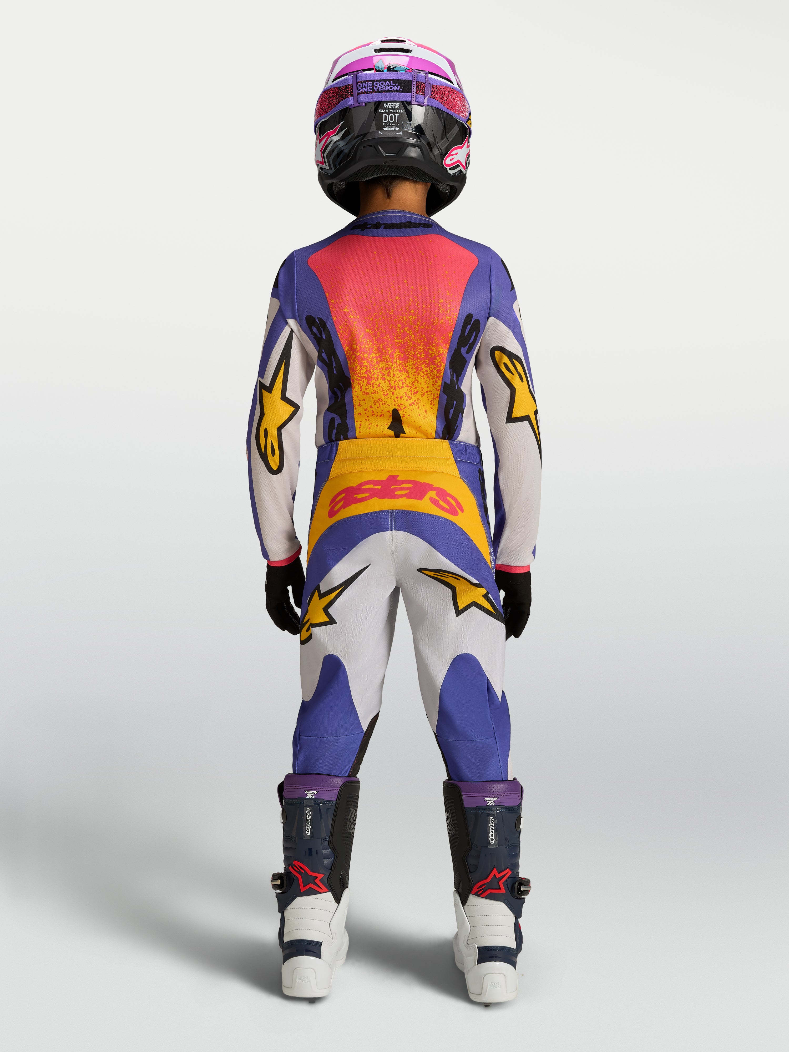 Alpinestars Fluid Drag Junior 2027, ensemble maillot et pantalon de motocross bleu et doré, vue de dos