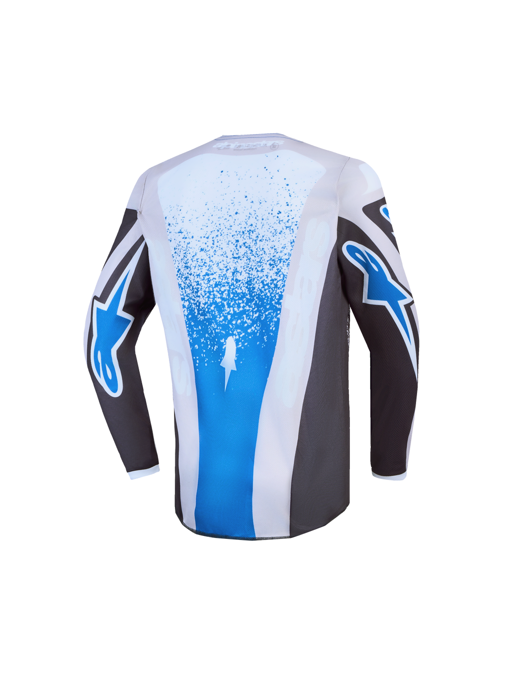 Alpinestars Maillot Fluid Drag Junior 2027, maillot de motocross enfant gris et bleu avec dos allongé pour le tout-terrain.