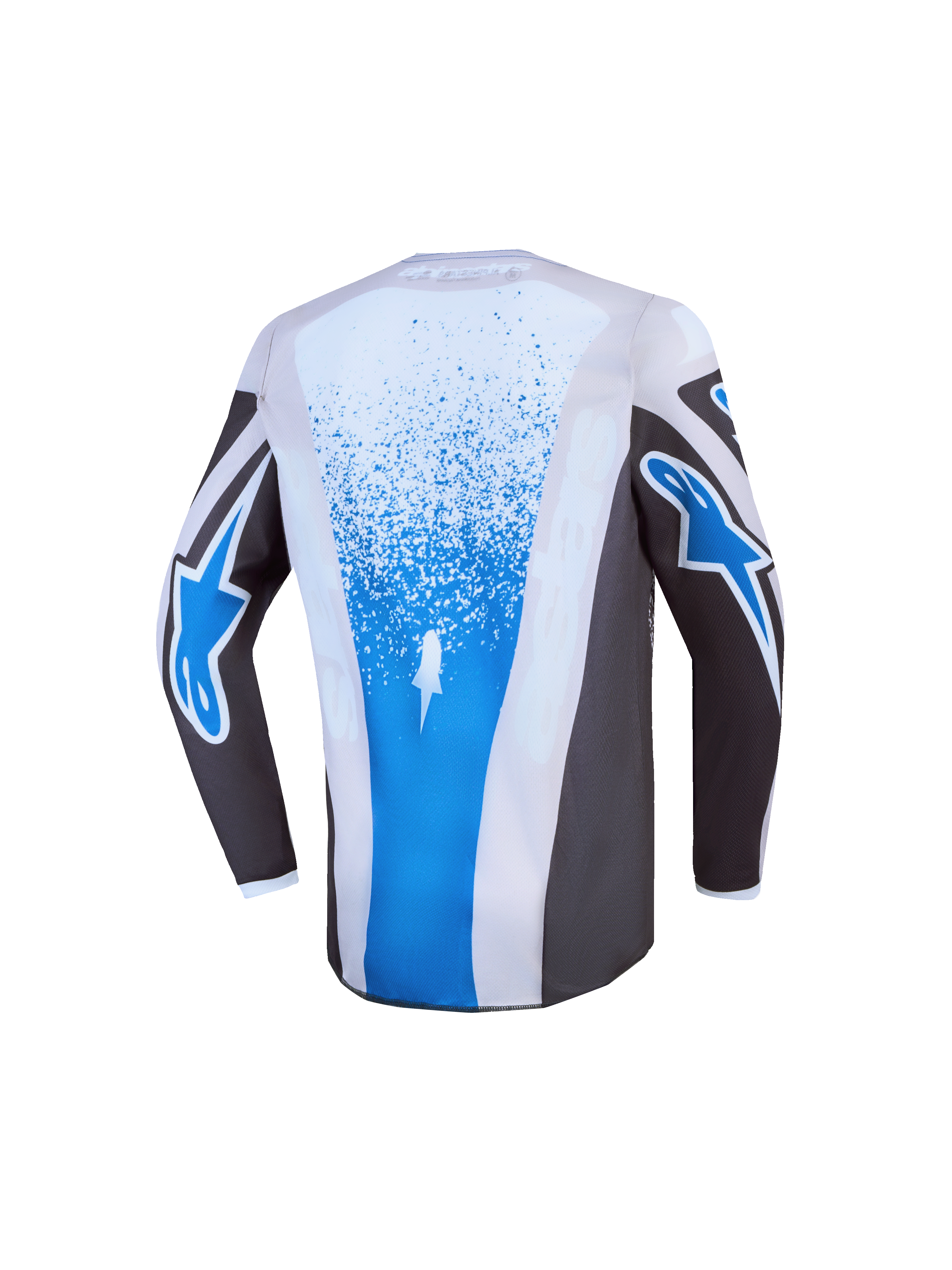 Alpinestars Maillot Fluid Drag Junior 2027, maillot de motocross enfant gris et bleu avec dos allongé pour le tout-terrain.