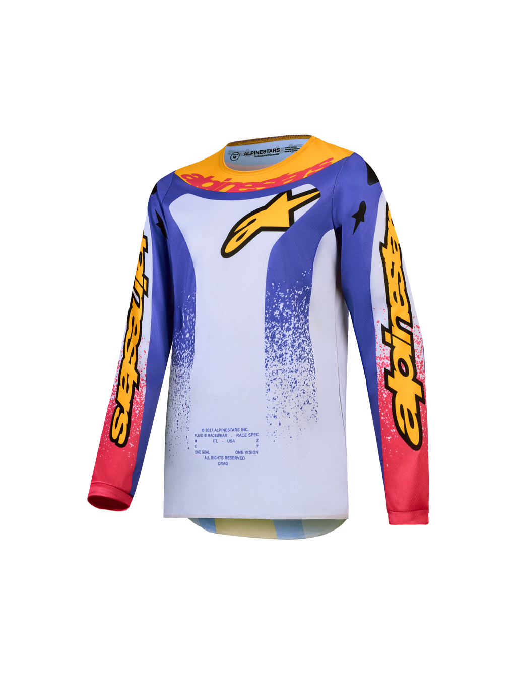 Maillot Fluid Drag Junior 2027 Alpinestars, maillot de motocross bleu et blanc pour enfant avec graphismes jaunes et rouges
