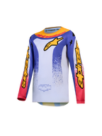 Maillot Fluid Drag Junior 2027 Alpinestars, maillot de motocross bleu et blanc pour enfant avec graphismes jaunes et rouges