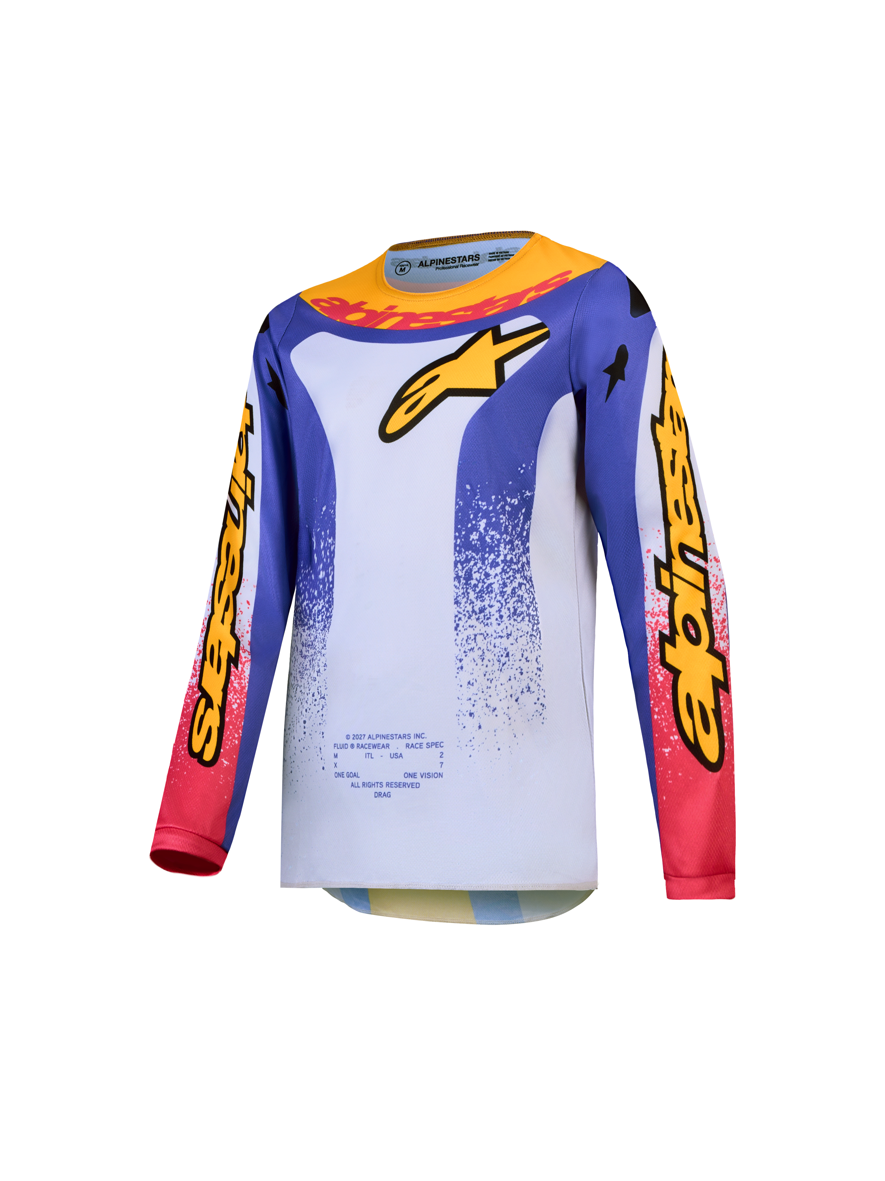 Maillot Fluid Drag Junior 2027 Alpinestars, maillot de motocross bleu et blanc pour enfant avec graphismes jaunes et rouges