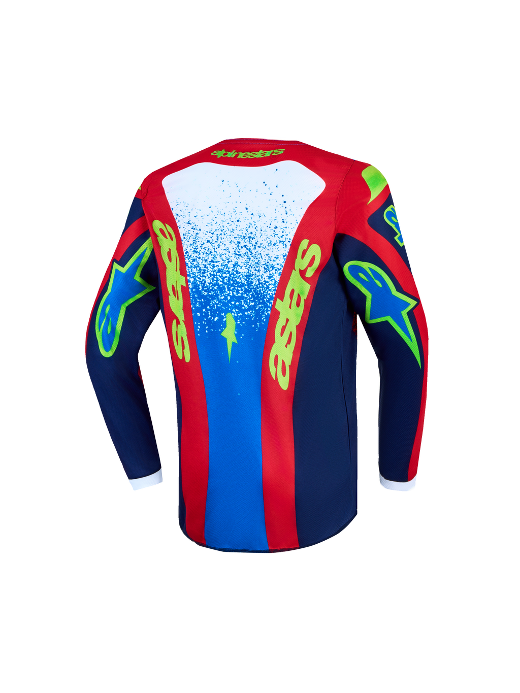Maillot Alpinestars Fluid Drag Junior 2027, maillot de motocross bleu et rouge pour enfant, vue de dos, polytissu respirant.