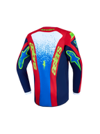 Maillot Alpinestars Fluid Drag Junior 2027, maillot de motocross bleu et rouge pour enfant, vue de dos, polytissu respirant.