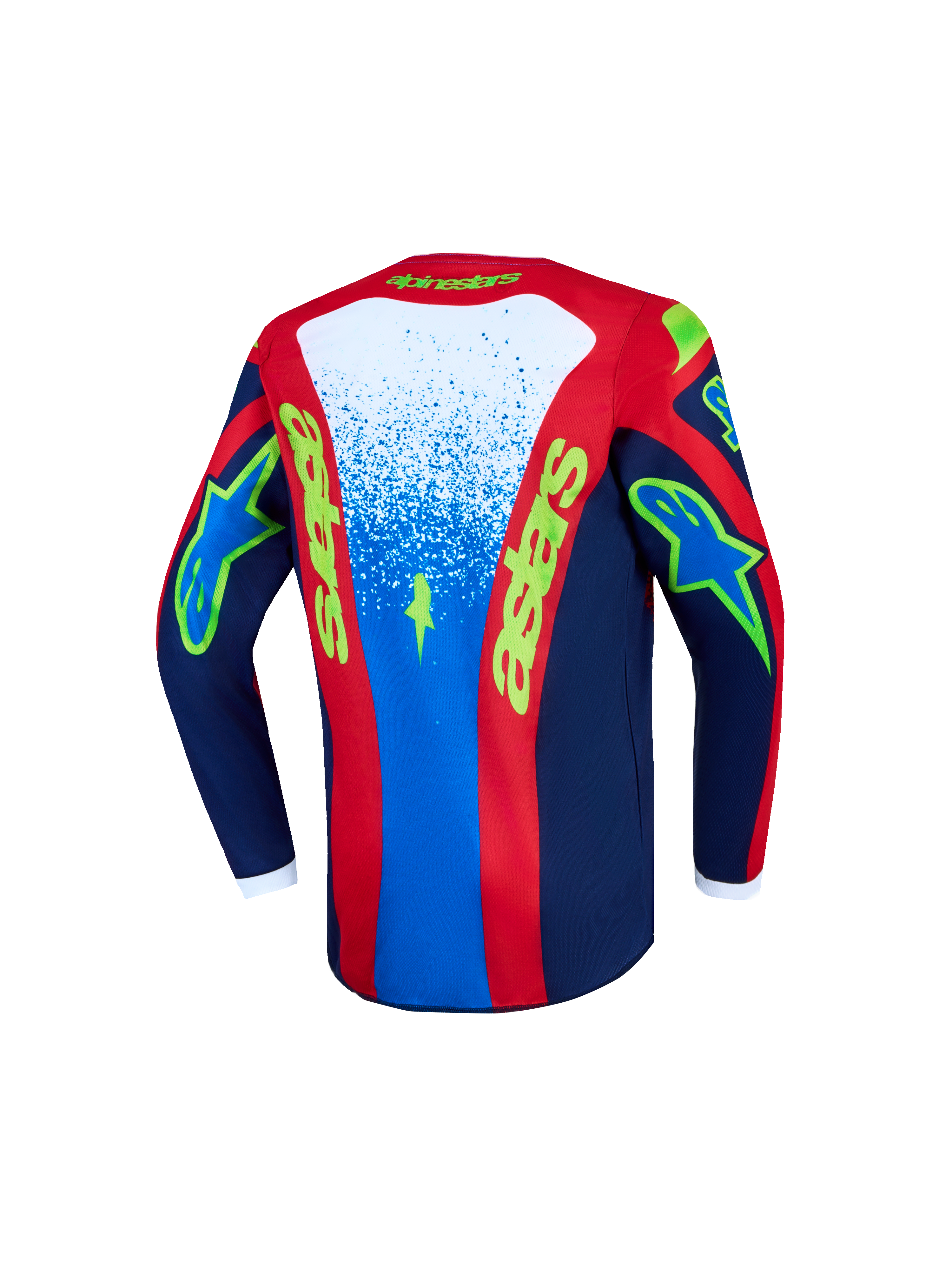 Maillot Alpinestars Fluid Drag Junior 2027, maillot de motocross bleu et rouge pour enfant, vue de dos, polytissu respirant.