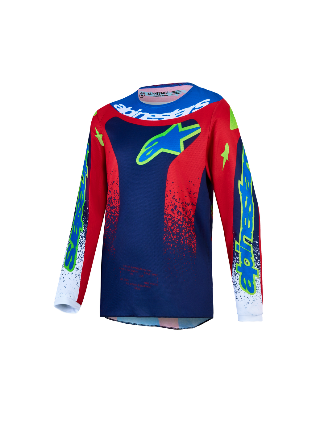 Maillot Fluid Drag Junior 2027 Alpinestars, maillot de motocross pour enfant, bleu et rouge, tissu évacuant l'humidité.