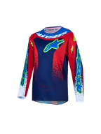 Maillot Fluid Drag Junior 2027 Alpinestars, maillot de motocross pour enfant, bleu et rouge, tissu évacuant l'humidité.