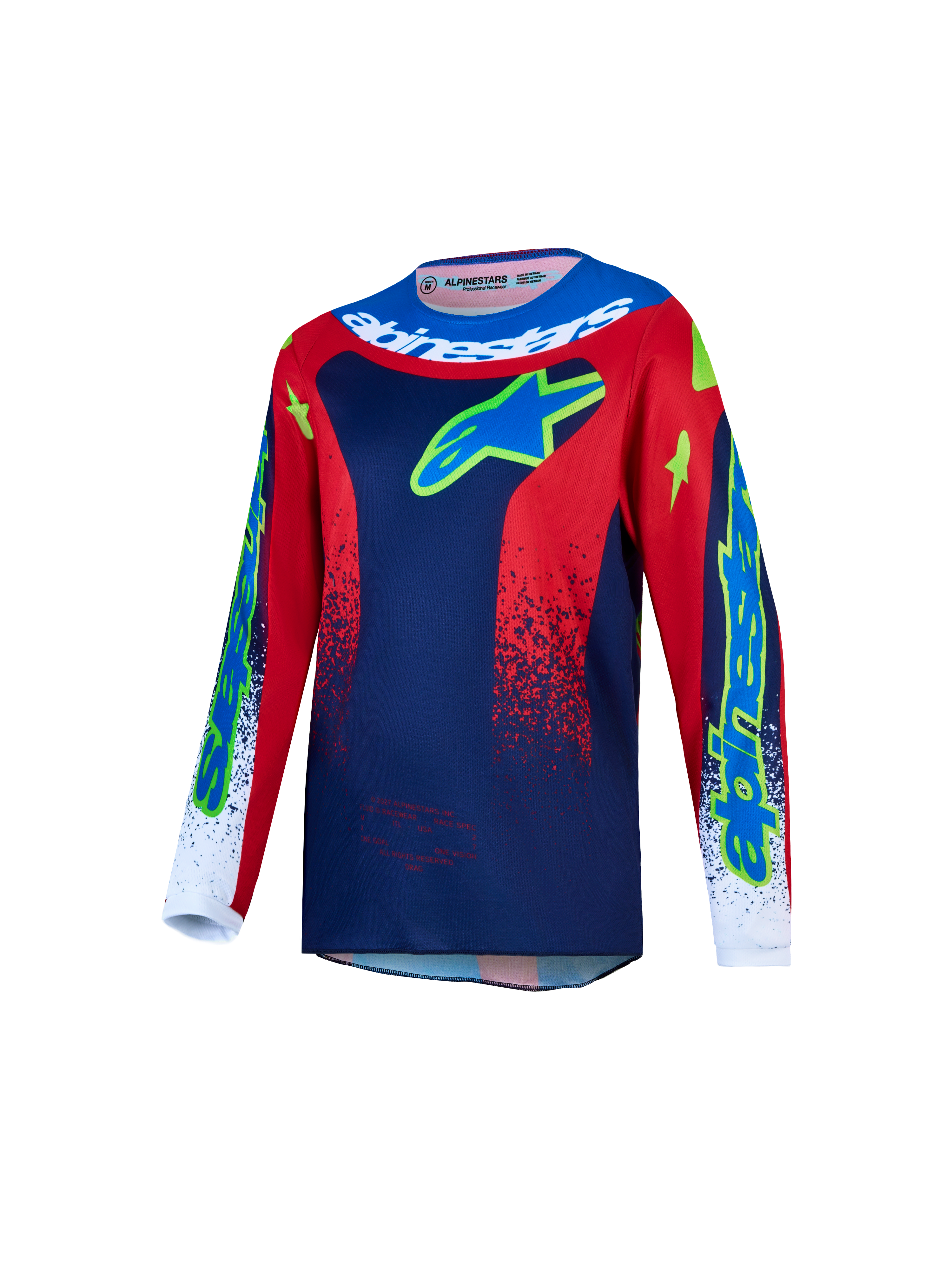Maillot Fluid Drag Junior 2027 Alpinestars, maillot de motocross pour enfant, bleu et rouge, tissu évacuant l'humidité.