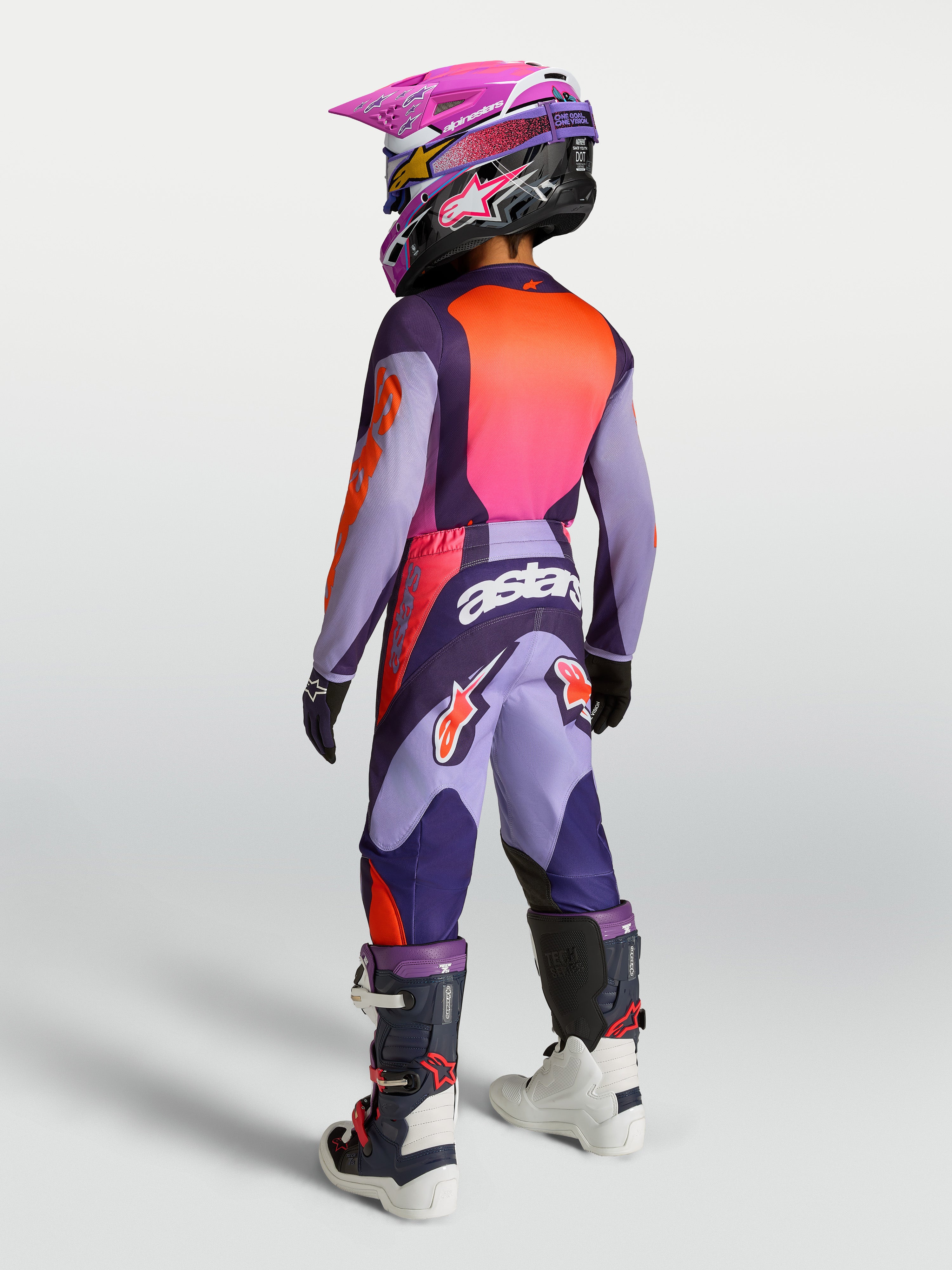 Alpinestars maillot Fluid Hunt Junior 2027 et ensemble, tenue de motocross pour enfant, violet et rose fluo, vue de dos