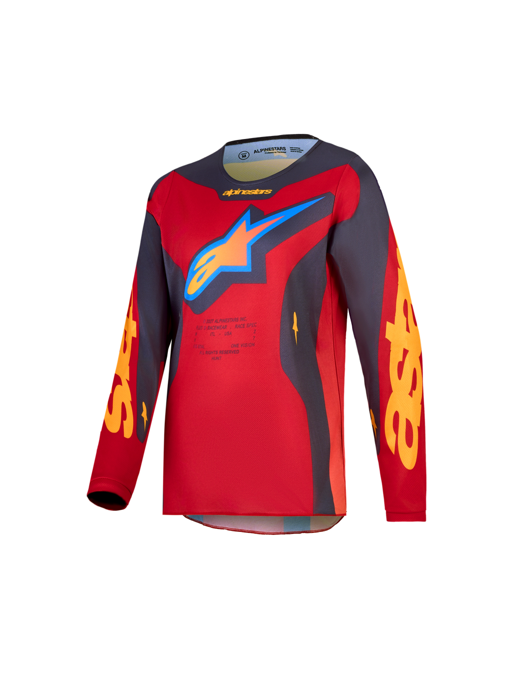 Alpinestars Maillot Fluid Hunt Junior 2027, maillot de motocross tout-terrain pour enfant, rouge et gris, tissu léger évacuant l'humidité, logo Astars bleu et orange, coupe ergonomique