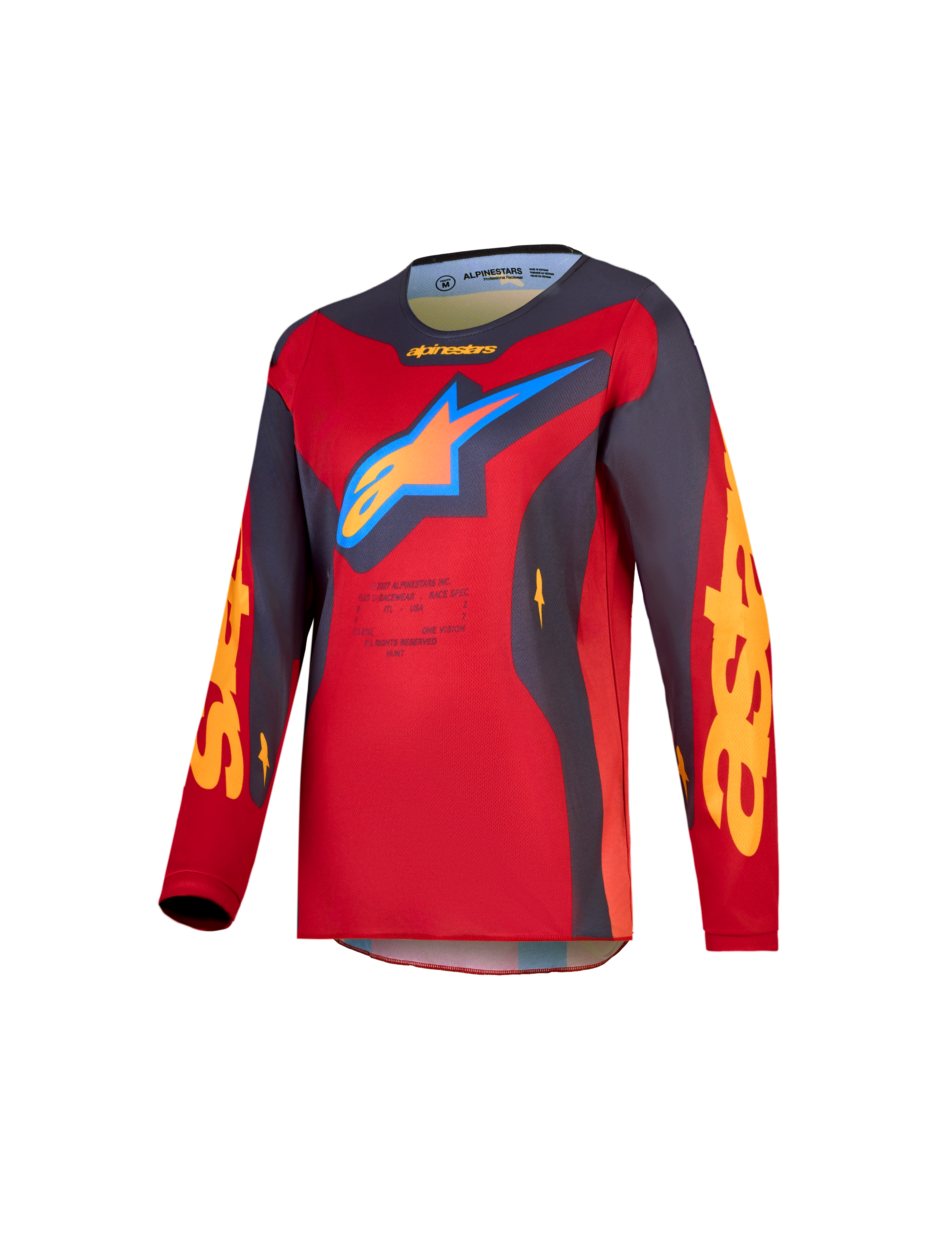 Alpinestars Maillot Fluid Hunt Junior 2027, maillot de motocross tout-terrain pour enfant, rouge et gris, tissu léger évacuant l'humidité, logo Astars bleu et orange, coupe ergonomique