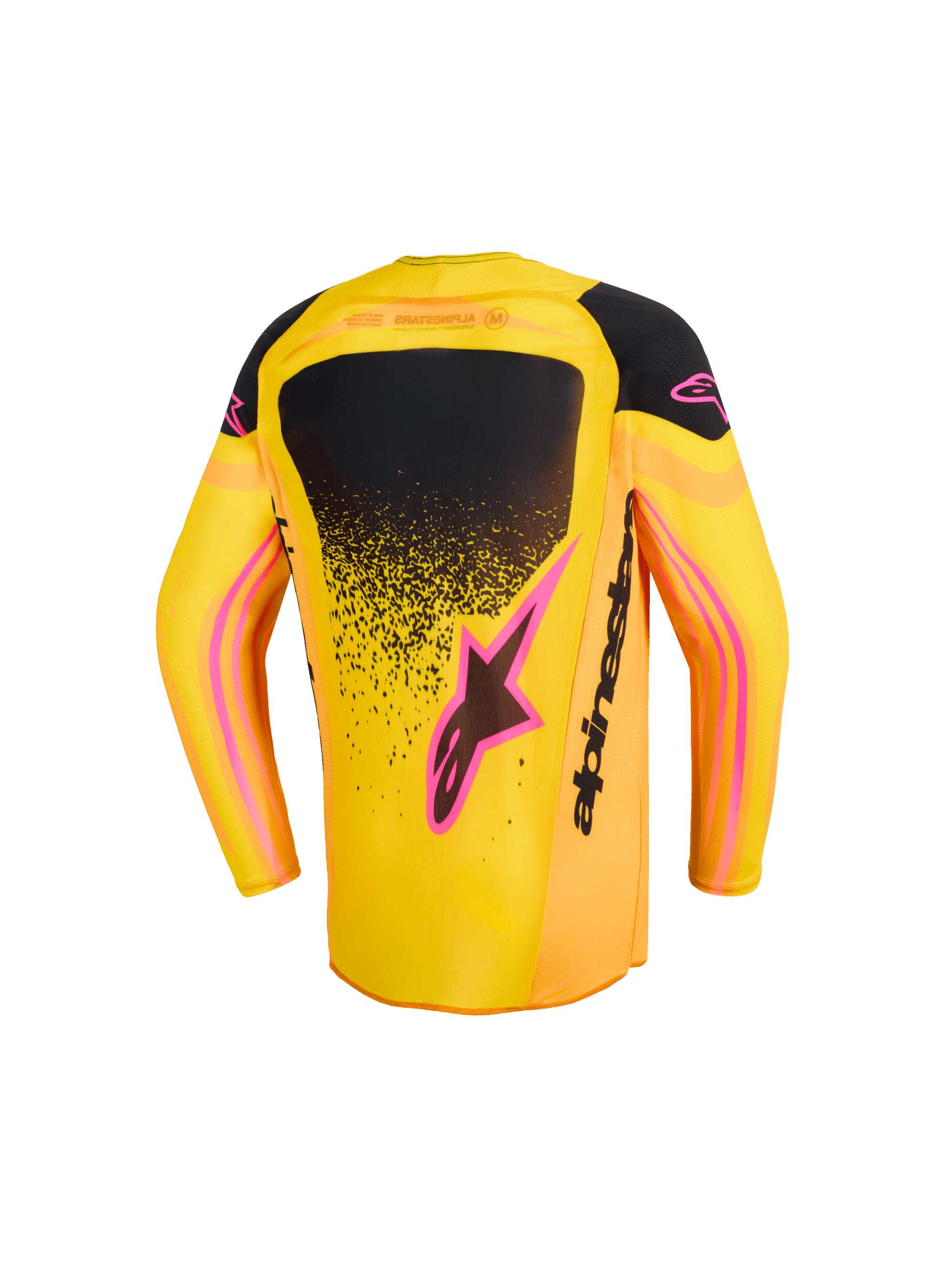 Maillot Junior Alpinestars Supertech Nomur 2026, maillot de motocross, vue arrière, orange, jaune et rose, empiècements noirs sur les épaules et le dos, logos étoiles roses et marquage Alpinestars noir, coupe athlétique haute performance