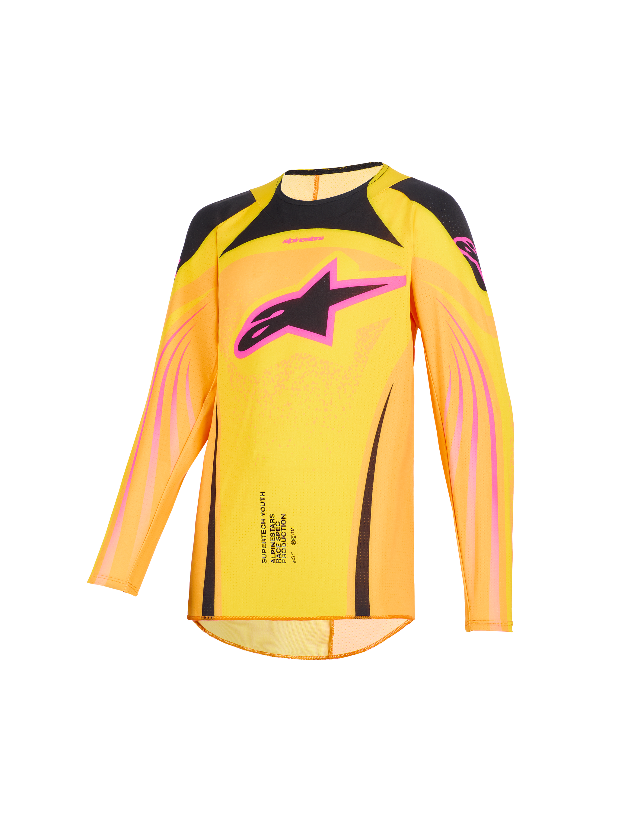 Maillot Alpinestars Junior Supertech Nomur 2026, maillot de motocross, orange, jaune et rose avec accents noirs, grand logo Astars noir avec contour rose sur la poitrine, empiècements noirs aux épaules et graphismes roses sur les manches, coupe athlétique pour jeunes pilotes