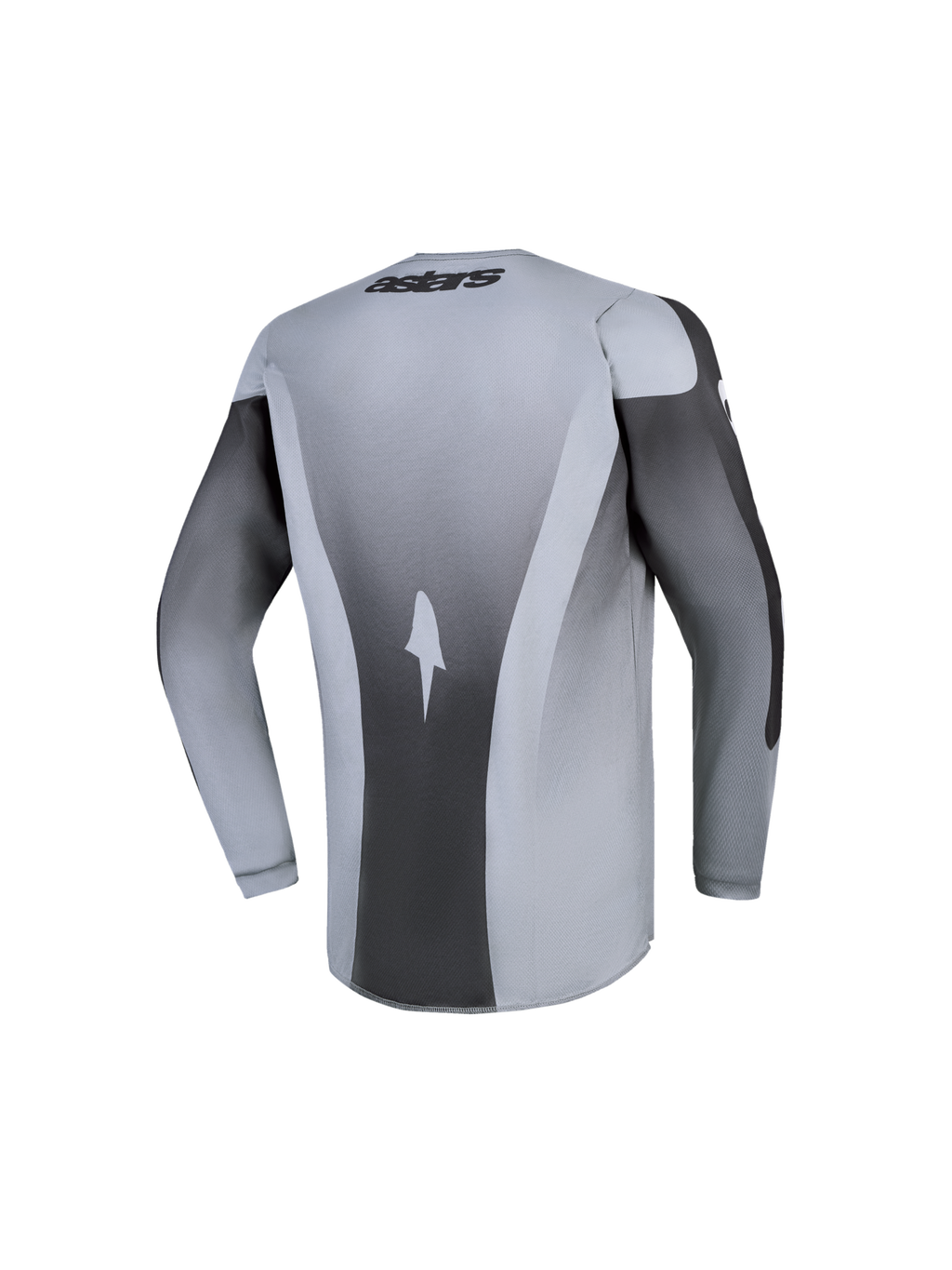 Alpinestars Maillot Fluid Amber Junior 2027, maillot de motocross gris et noir, vue de dos avec ourlet arrière prolongé, tissu technique respirant évacuant l'humidité.