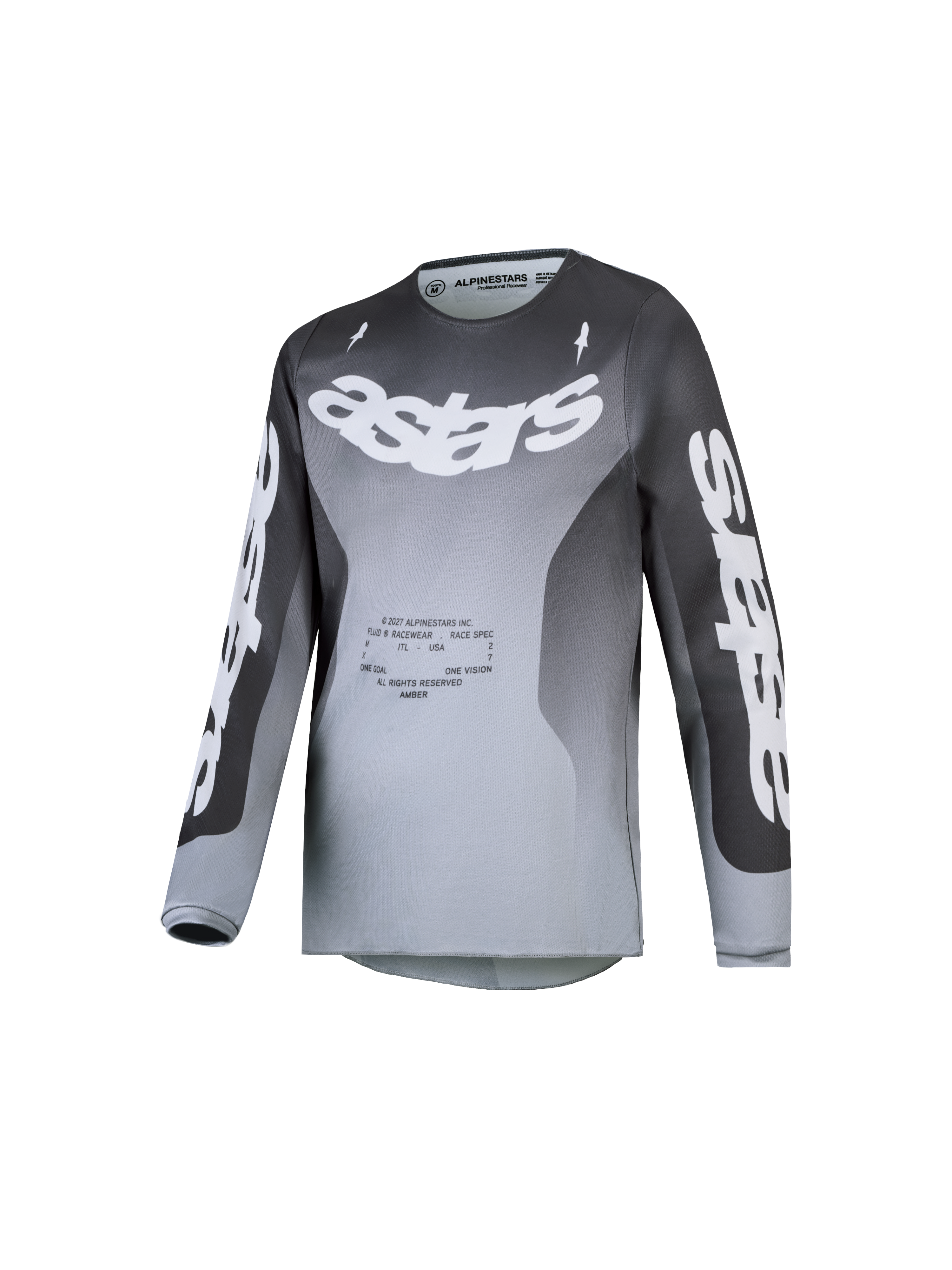Alpinestars maillot Fluid Amber Junior 2027, maillot de motocross au dégradé gris et blanc, poly-tissu évacuant l'humidité.