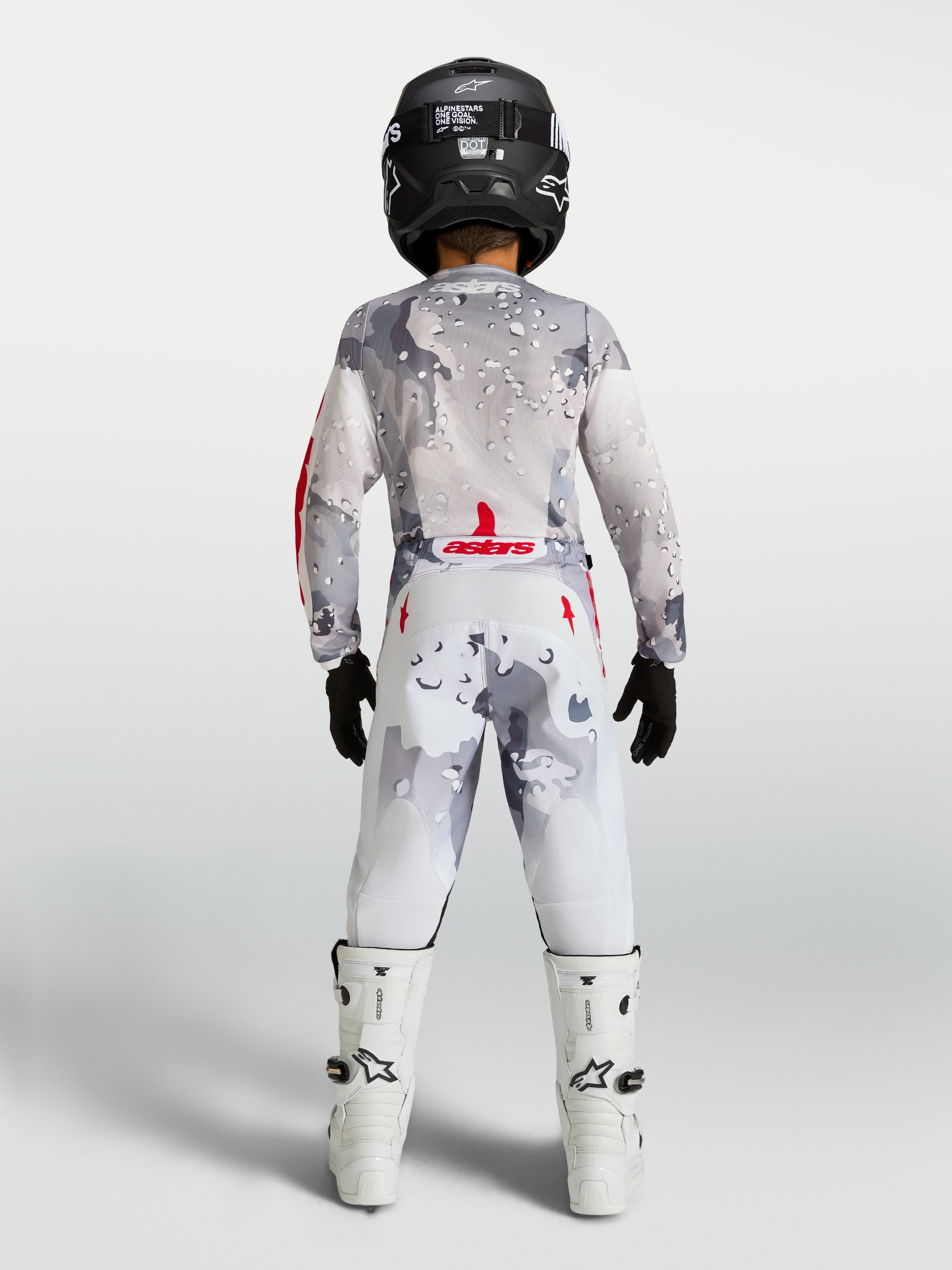 Alpinestars maillot et ensemble Fluid Lone Junior 2027, équipement de motocross gris et blanc, accents rouge feu, vue de dos.