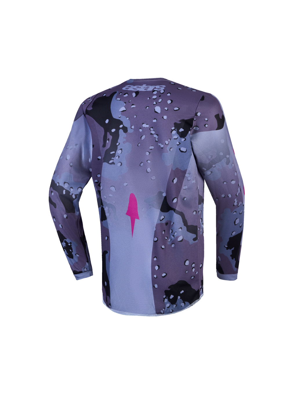 Alpinestars Youth Fluid Lone Jersey, youth motocross jersey in gray camo and purple, back view with extended rear hem.