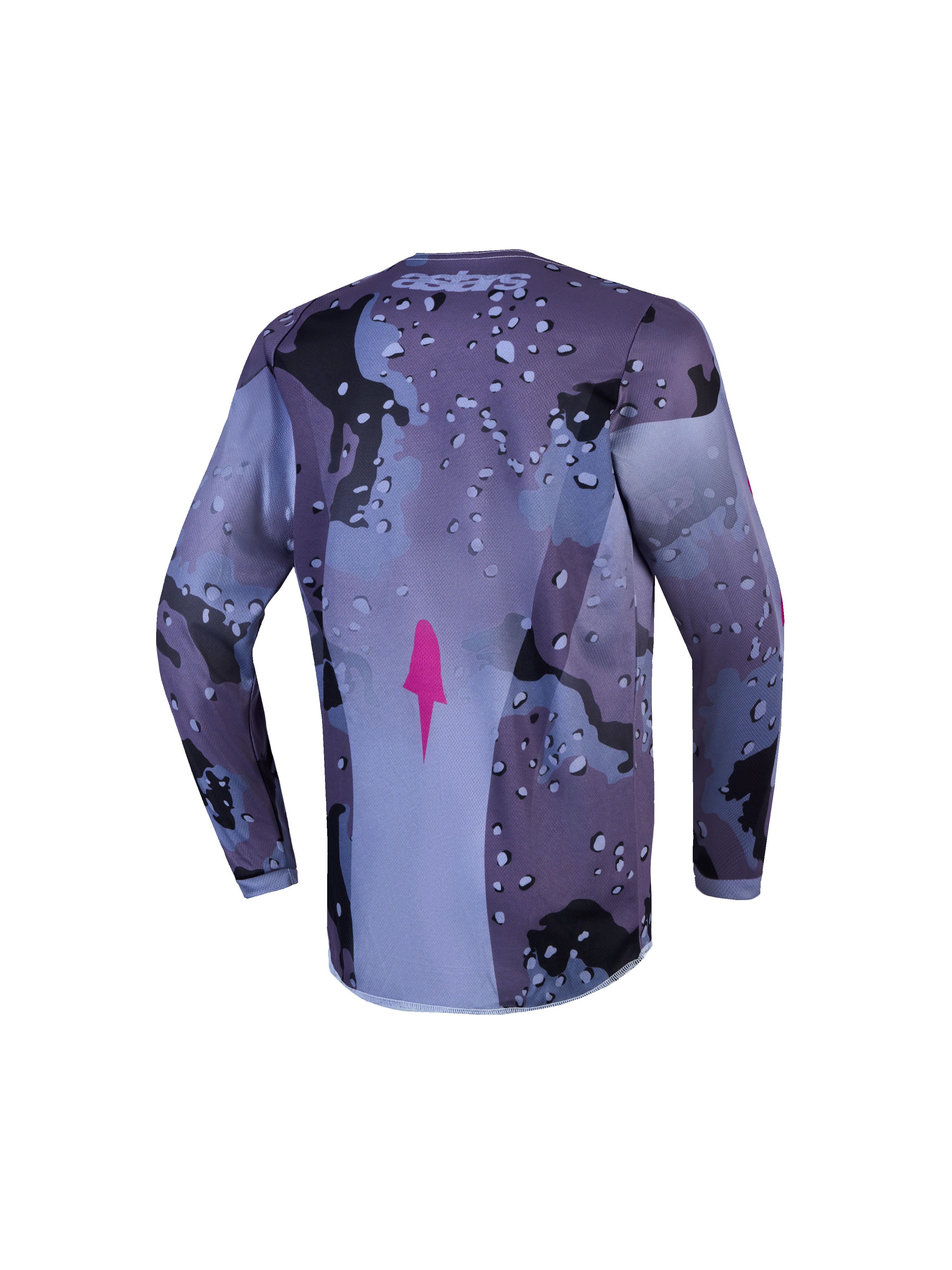 Alpinestars Youth Fluid Lone Jersey, youth motocross jersey in gray camo and purple, back view with extended rear hem.