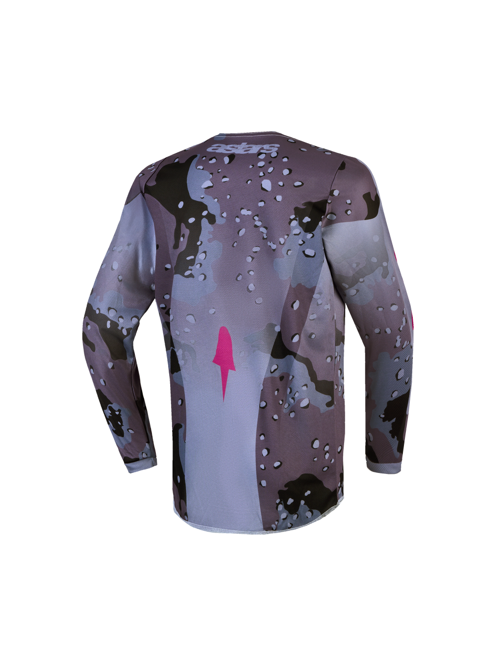 Maillot Alpinestars Fluid Lone Junior, maillot de motocross gris camo et violet, vue de dos avec ourlet arrière allongé.