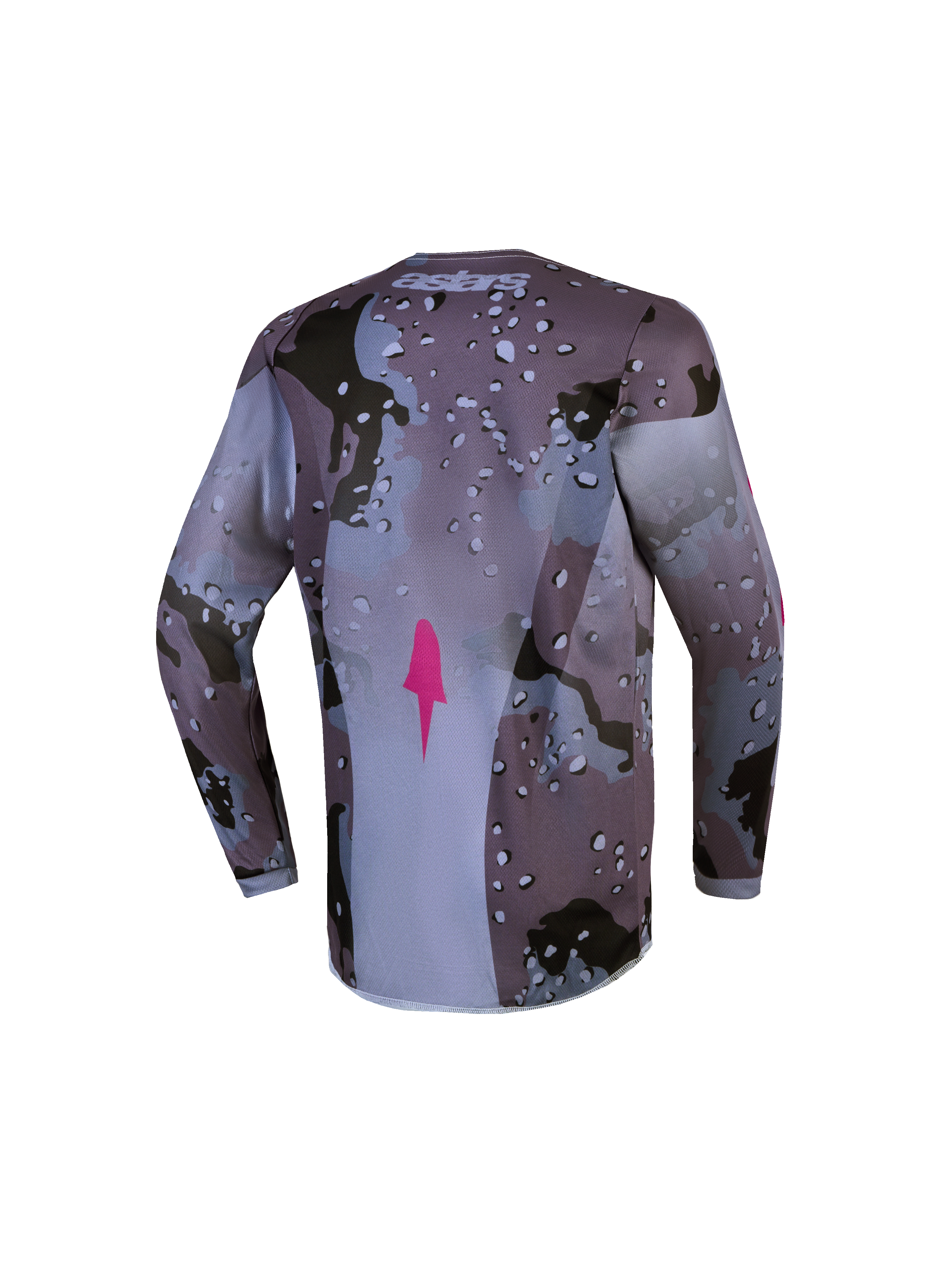 Maillot Alpinestars Fluid Lone Junior, maillot de motocross gris camo et violet, vue de dos avec ourlet arrière allongé.