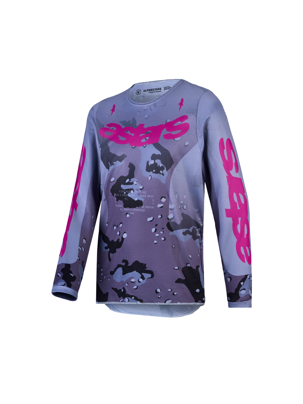 Alpinestars Youth Fluid Lone Jersey, youth motocross racing jersey, gray camo and purple, breathable moisture-wicking polyfabric.