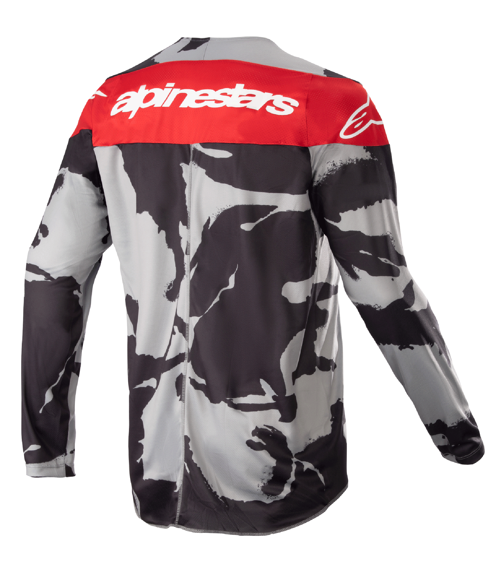 Maillot Alpinestars Racer Tactical Junior 2023, maillot de motocross, camouflage gris et rouge Mars, vue arrière présentant un empiècement rouge aux épaules avec logo Alpinestars blanc, motif camouflage abstrait noir et gris, équipement léger évacuant l'humidité pour le tout-terrain