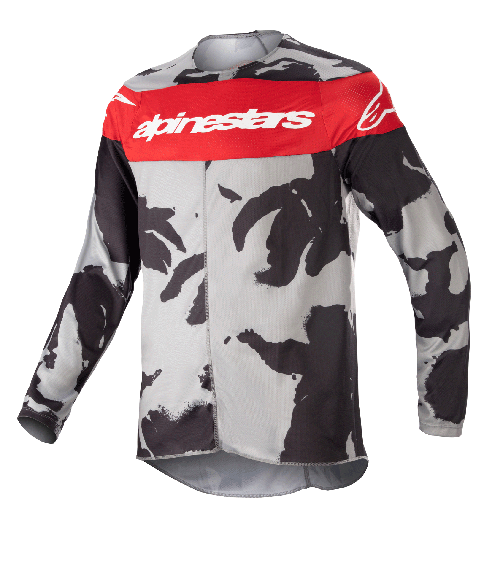 Alpinestars Youth 2023 Racer Tactical Jersey, maillot de motocross, Cast Gray Camo et Mars Red, avec une bande rouge horizontale sur la poitrine et le logo Alpinestars blanc, motif camouflage gris et noir, tissu léger évacuant l'humidité pour la conduite tout-terrain
