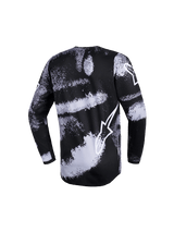 Alpinestars 2026 Youth Fluid Lahnd Jersey, Motocross Jersey, Iron Camo, back view featuring a black and white textured stripe pattern, white Alpinestars logo on the lower back, long sleeves, breathable moisture-wicking polyfabric for youth off-road riding.