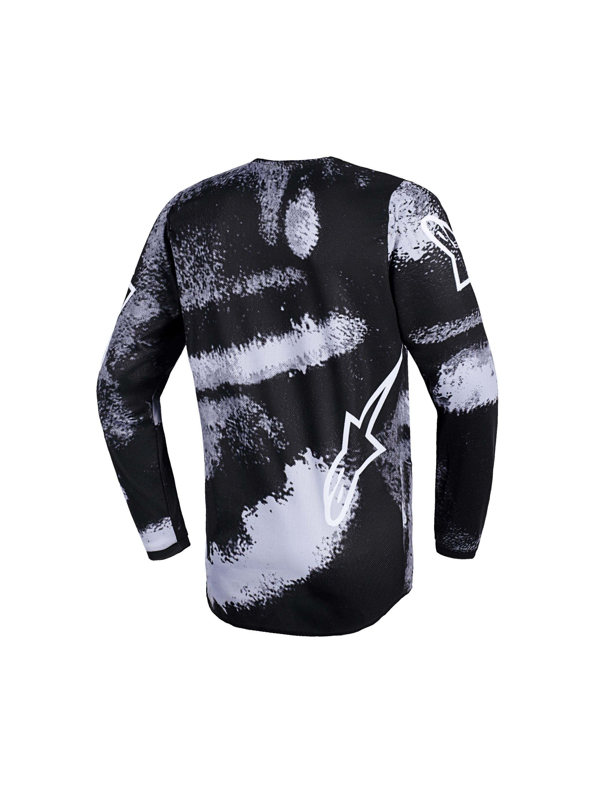 Alpinestars 2026 Youth Fluid Lahnd Jersey, Motocross Jersey, Iron Camo, back view featuring a black and white textured stripe pattern, white Alpinestars logo on the lower back, long sleeves, breathable moisture-wicking polyfabric for youth off-road riding.