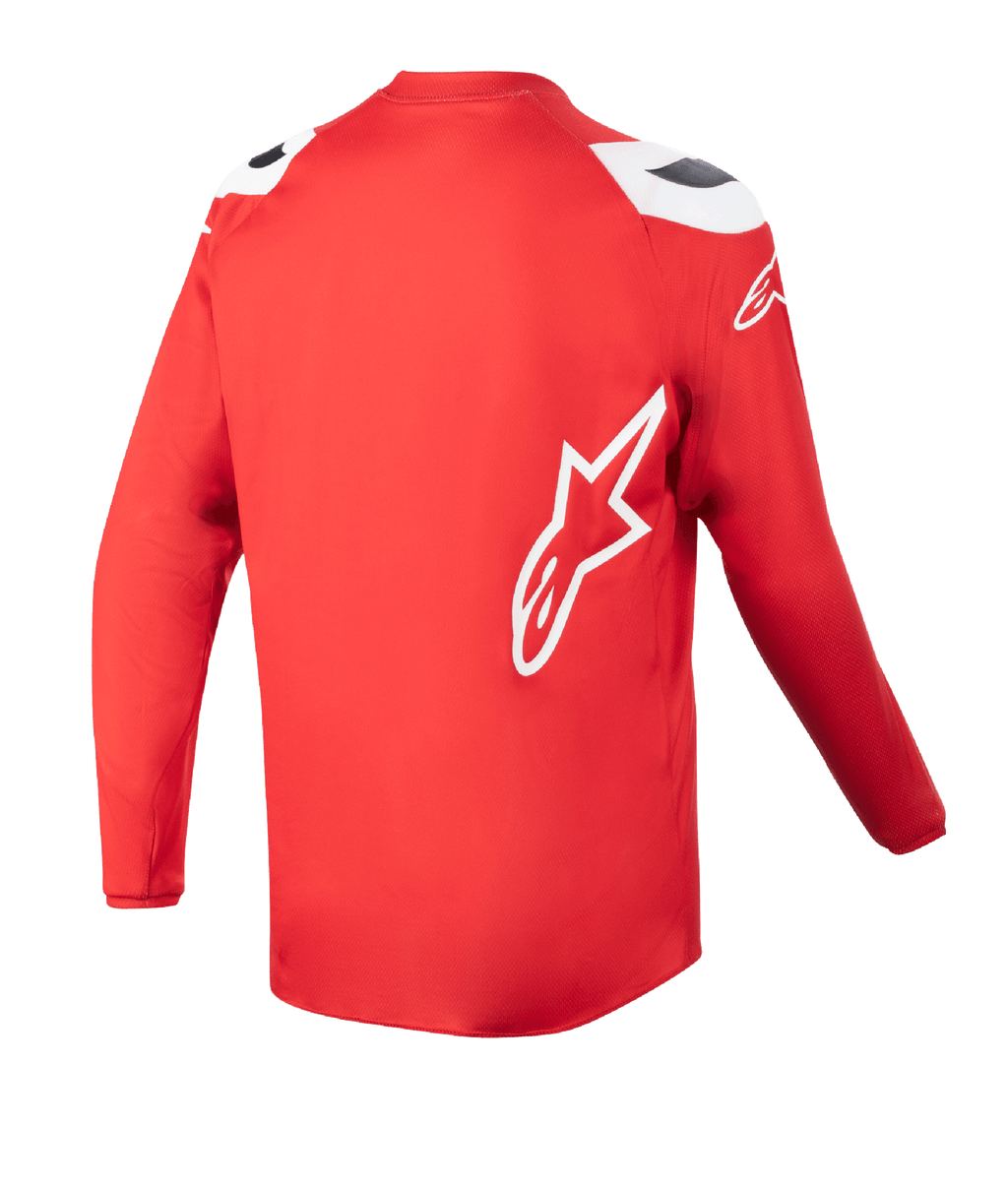 Maillot Alpinestars Racer Narin Junior 2023, maillot de motocross, rouge Mars et blanc, vue arrière montrant l'ourlet arrière allongé, logo étoile Alpinestars blanc sur le côté, vêtement tout-terrain haute performance