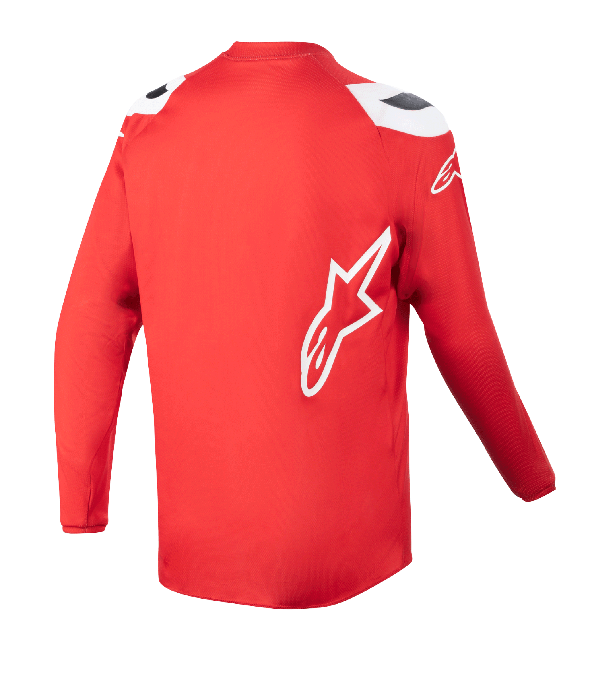 Maillot Alpinestars Racer Narin Junior 2023, maillot de motocross, rouge Mars et blanc, vue arrière montrant l'ourlet arrière allongé, logo étoile Alpinestars blanc sur le côté, vêtement tout-terrain haute performance