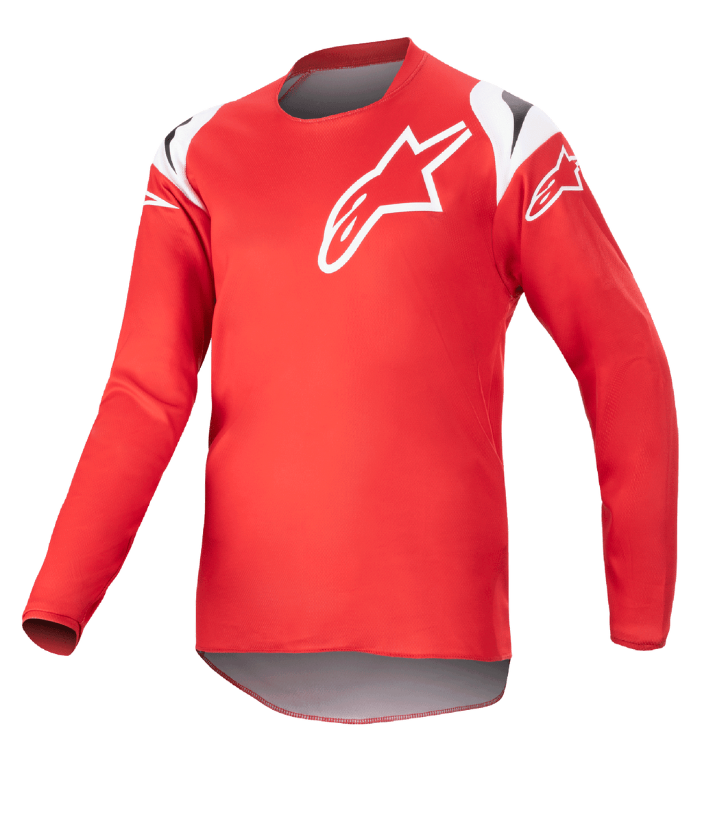 Alpinestars Youth 2023 Racer Narin Jersey, maillot de motocross pour enfant, rouge Mars et blanc, doté d'un grand logo étoile blanc sur la poitrine et de détails sur les épaules, tissu technique léger à manches longues pour la course tout-terrain