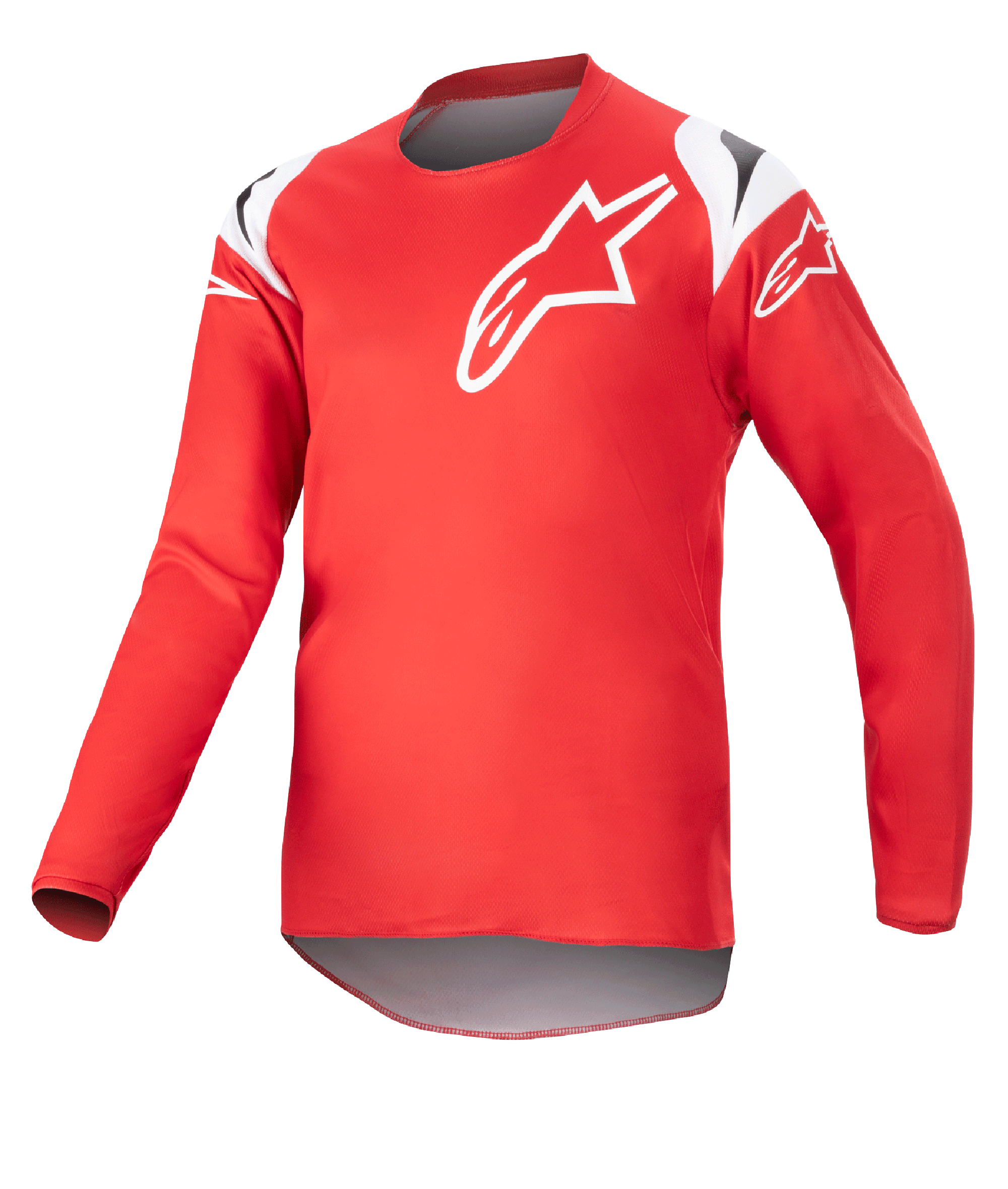Alpinestars Youth 2023 Racer Narin Jersey, maillot de motocross pour enfant, rouge Mars et blanc, doté d'un grand logo étoile blanc sur la poitrine et de détails sur les épaules, tissu technique léger à manches longues pour la course tout-terrain