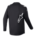 Maillot Alpinestars Racer Graphite Junior 2023, maillot de motocross, noir réfléchissant, vue arrière avec grand logo étoile Alpinestars blanc, tissu technique évacuant l'humidité, manches longues, vêtement tout-terrain durable