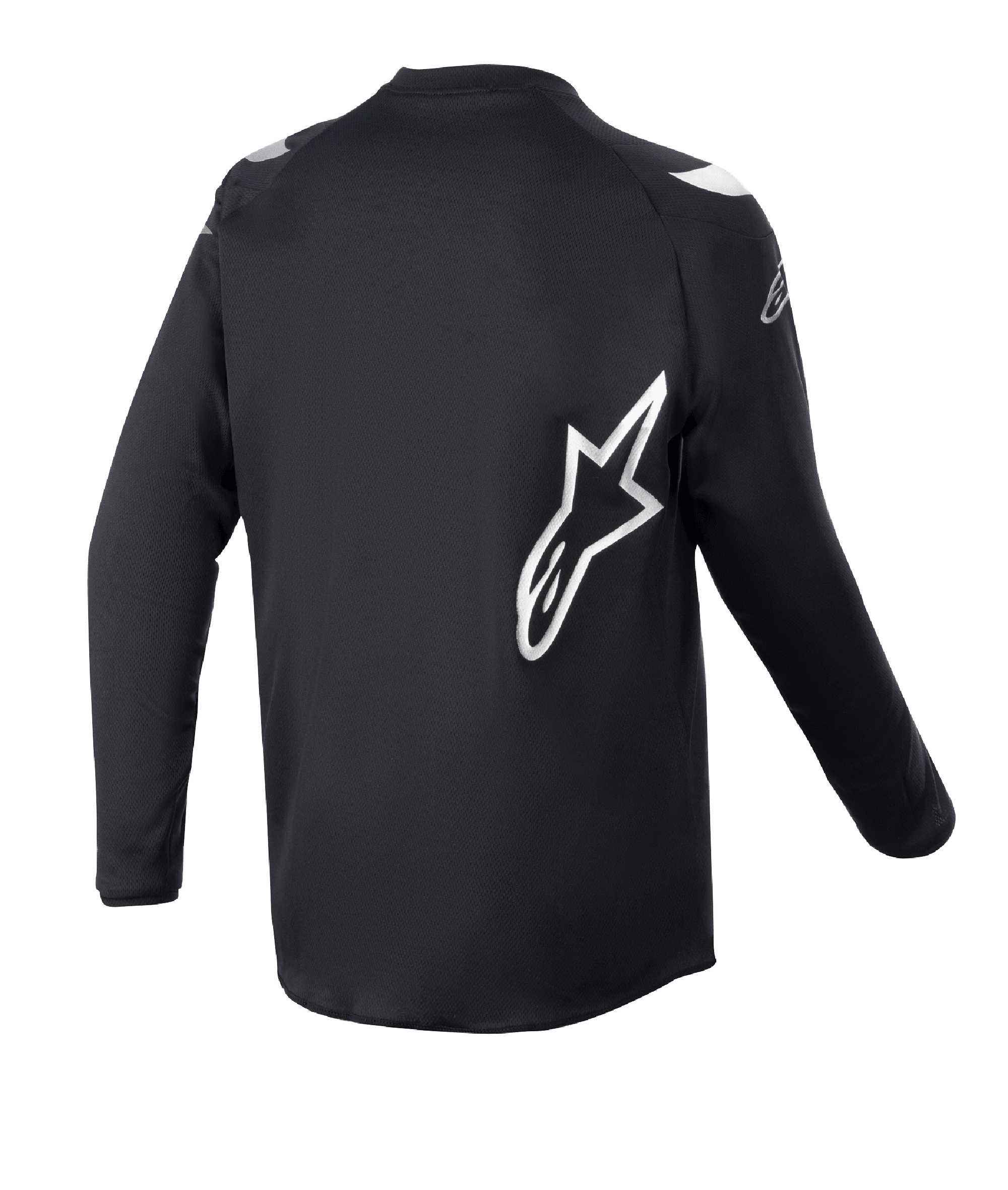 Maillot Alpinestars Racer Graphite Junior 2023, maillot de motocross, noir réfléchissant, vue arrière avec grand logo étoile Alpinestars blanc, tissu technique évacuant l'humidité, manches longues, vêtement tout-terrain durable