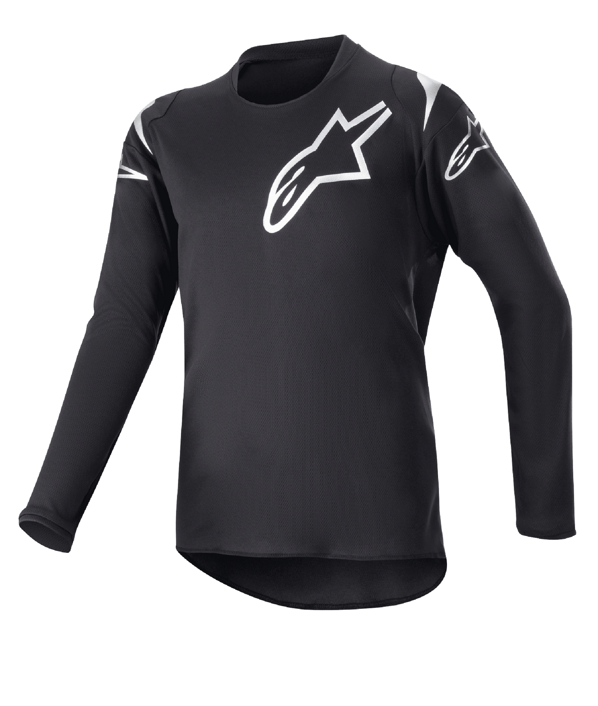 Alpinestars Youth 2023 Racer Graphite Jersey, Motocross Jersey, Black and Reflective Black, white star logos on chest and shoulders, long sleeves, lightweight moisture-wicking fabric with a drop tail hem, sporty design for off-road riding