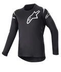 Alpinestars Youth 2023 Racer Graphite Jersey, maillot de motocross, noir et noir réfléchissant, logos étoiles blancs sur la poitrine et les épaules, manches longues, tissu léger évacuant l'humidité avec pan arrière plus long, design sportif pour le pilotage tout-terrain
