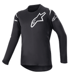 Alpinestars Youth 2023 Racer Graphite Jersey, maillot de motocross, noir et noir réfléchissant, logos étoiles blancs sur la poitrine et les épaules, manches longues, tissu léger évacuant l'humidité avec pan arrière plus long, design sportif pour le pilotage tout-terrain