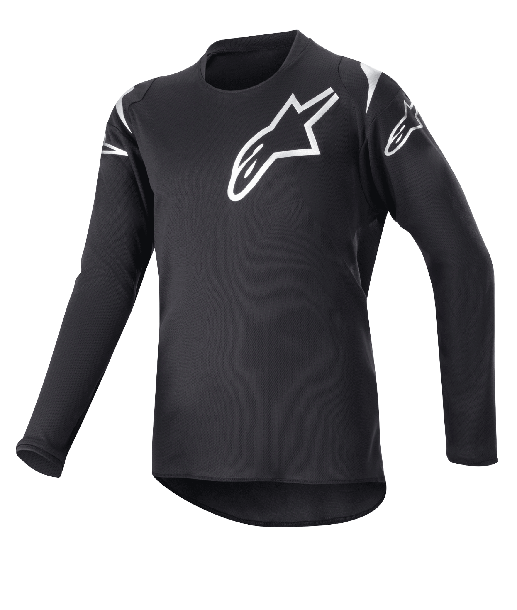 Alpinestars Youth 2023 Racer Graphite Jersey, maillot de motocross, noir et noir réfléchissant, logos étoiles blancs sur la poitrine et les épaules, manches longues, tissu léger évacuant l'humidité avec pan arrière plus long, design sportif pour le pilotage tout-terrain