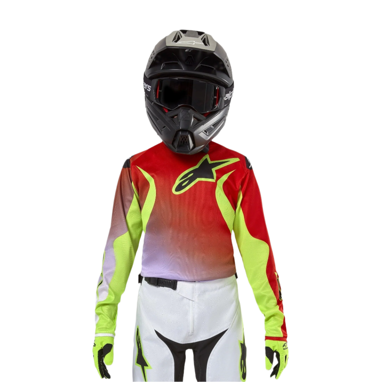 Alpinestars Youth 2024 Racer Lucent Jersey, maillot de motocross, blanc, rouge néon et jaune fluo, présentant un design rouge et jaune néon avec un logo étoile noir, porté avec un casque noir assorti, un pantalon blanc et des gants néon pour une tenue de course tout-terrain professionnelle.