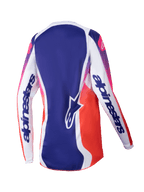 Alpinestars 2025 Woman Stella Fluid Wurx Jersey, Women's Motocross Jersey, Multicolor White with blue and pink-to-orange gradients, back view showing white sleeves with bold branding, blue center panel with star logo, and moisture-wicking athletic design