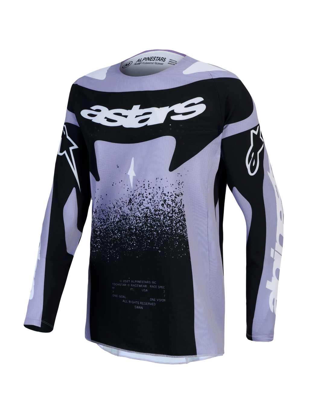Maillot Alpinestars Stella Techstar Swan, maillot de motocross pour femme, violet clair et noir, design de course avec graphismes Swan et logo blanc, tissu technique léger.