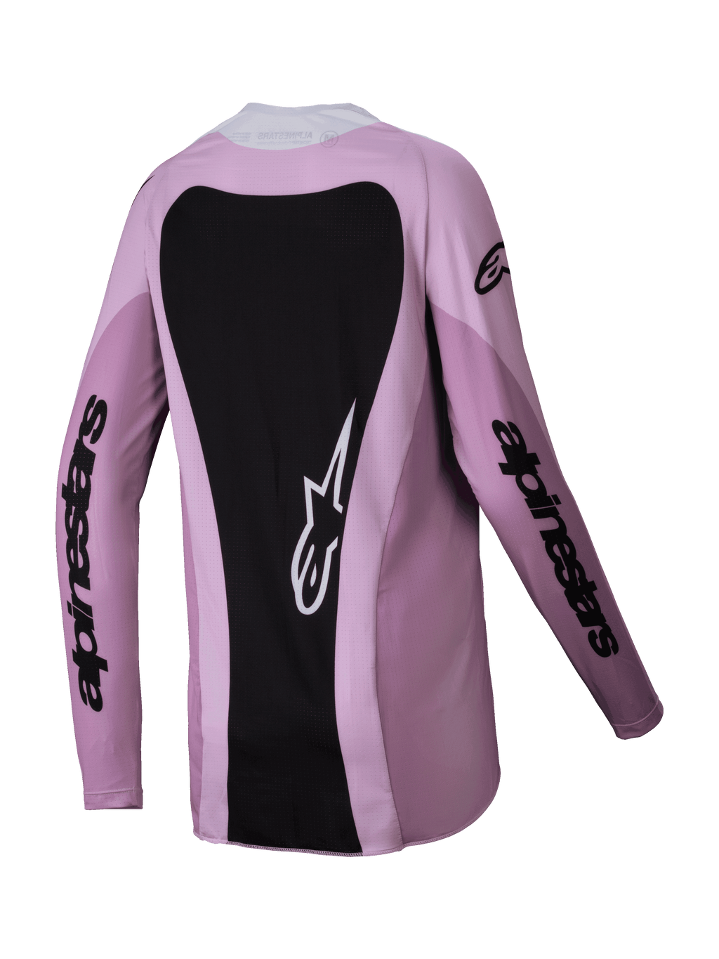 Alpinestars 2025 Woman Stella Techstar Melt Jersey, Motocross Jersey, Blush Black, rear view featuring a large black back panel with a white Astars logo, black sleeve branding, and lightweight poly-fabric construction for off-road racing