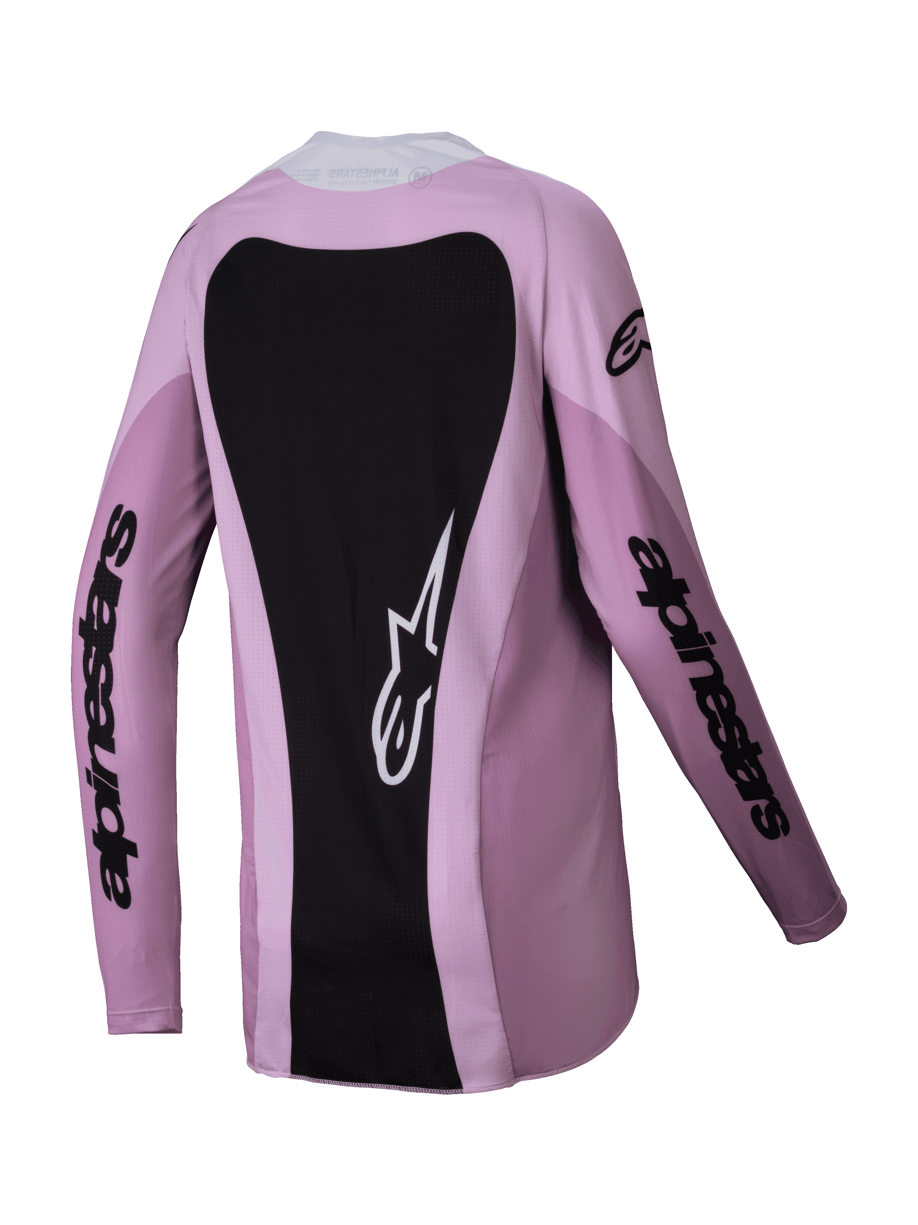 Maillot Alpinestars Stella Techstar Melt Femme 2025, maillot de motocross, Blush Black, vue arrière présentant un grand panneau noir avec un logo étoile blanc, manches longues avec marquage Alpinestars noir, équipement tout-terrain de performance pour femme
